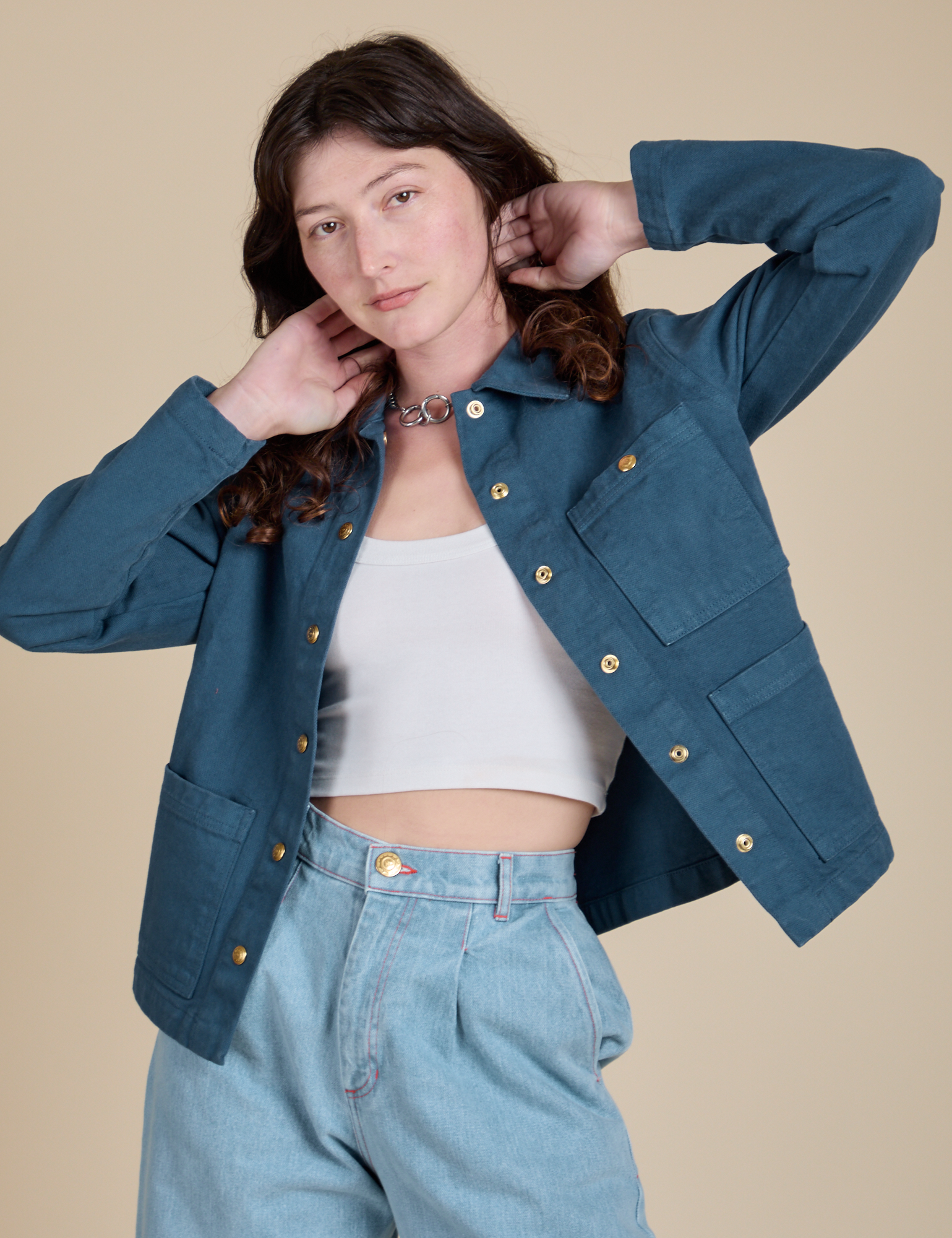 Alex is 5'8" and wearing P Denim Work Jacket in French Blue