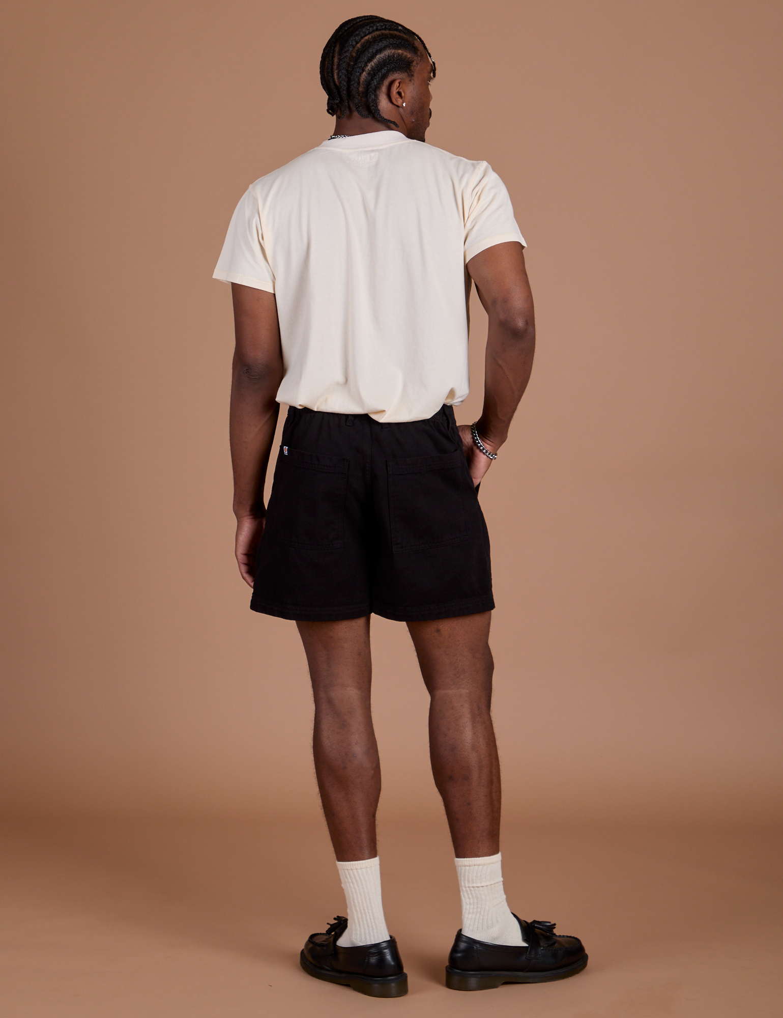 Back view of Classic Work Shorts in Basic Black and Organic Vintage Tee in Vintage Off White