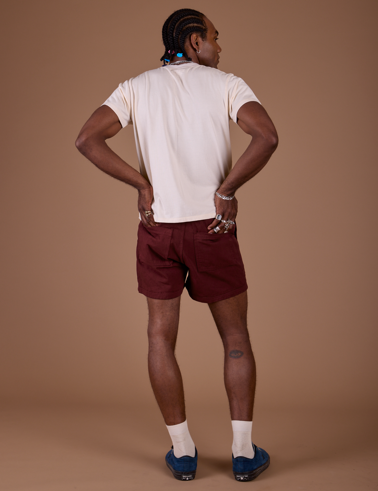 Back view of Classic Work Shorts in Red Wine and Organic Vintage Tee in Vintage Off White on Jerrod