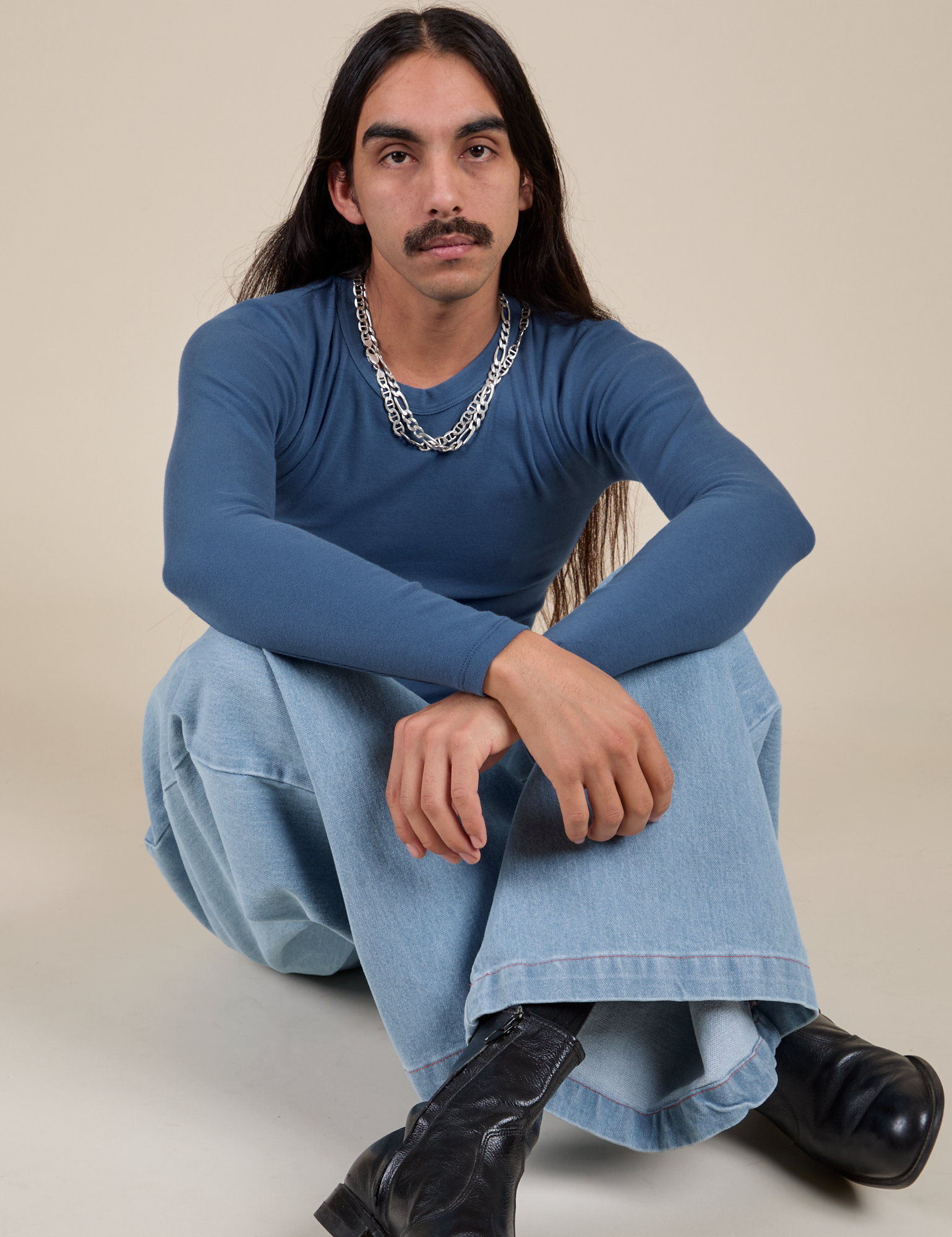 Long Sleeve Baby Tee in French Blue on Anthony