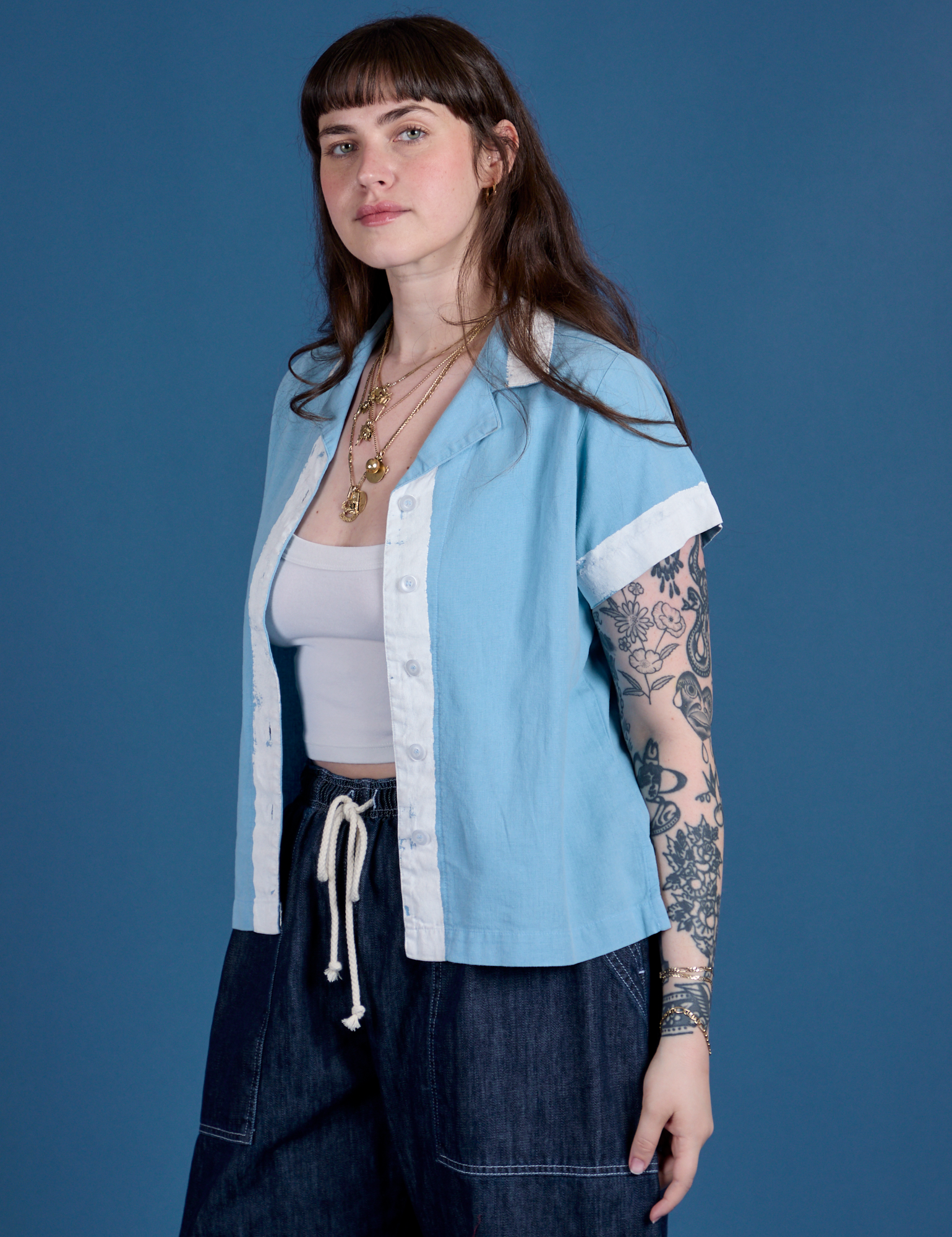 Angled front view of Painted Pantry Button-Up in Baby Blue on Sydney