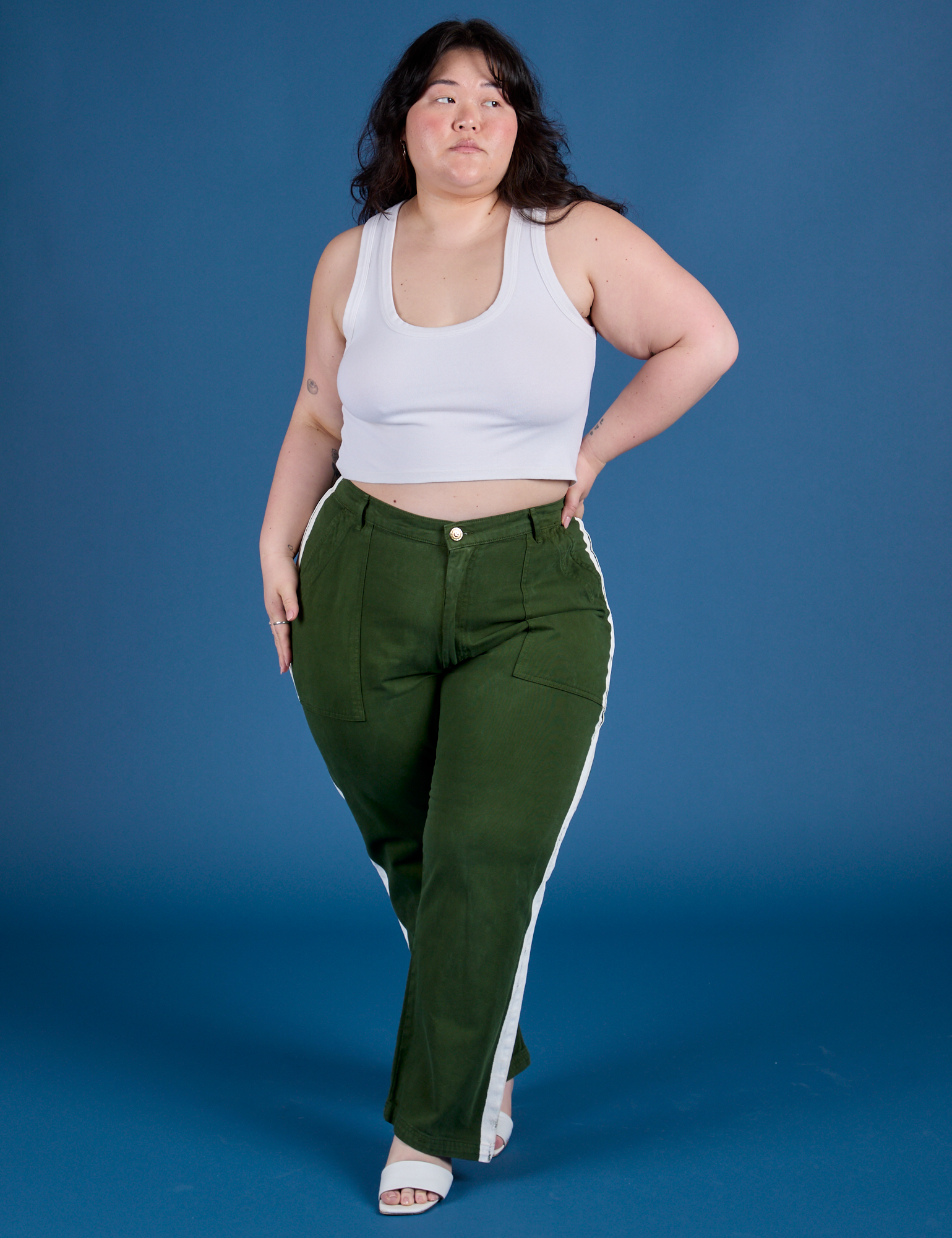 Painted Work Pants in Evergreen and Cropped Tank in Vintage Tee White on Ashley