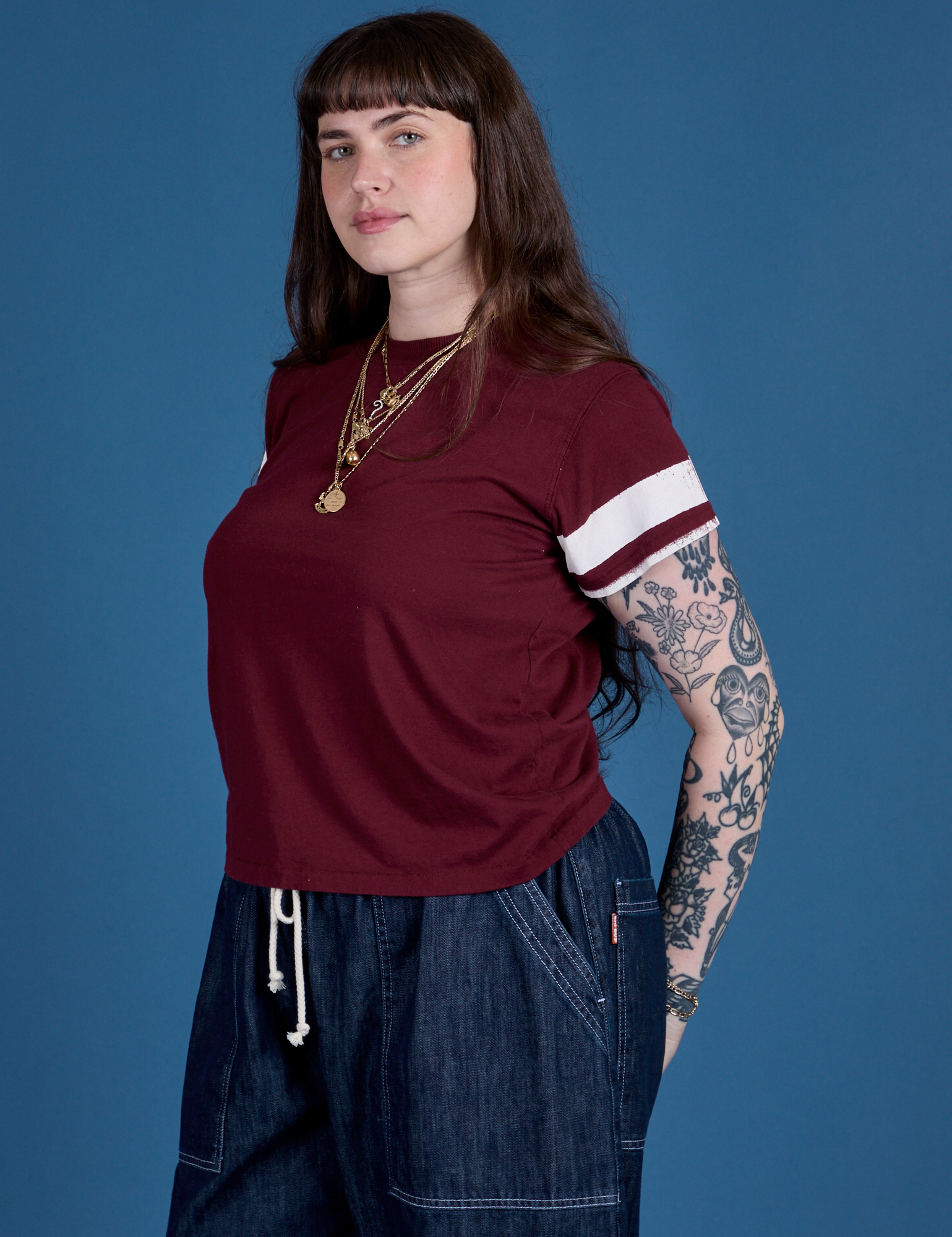 Painted Vintage Tee in Red Wine angled front view on Sydney