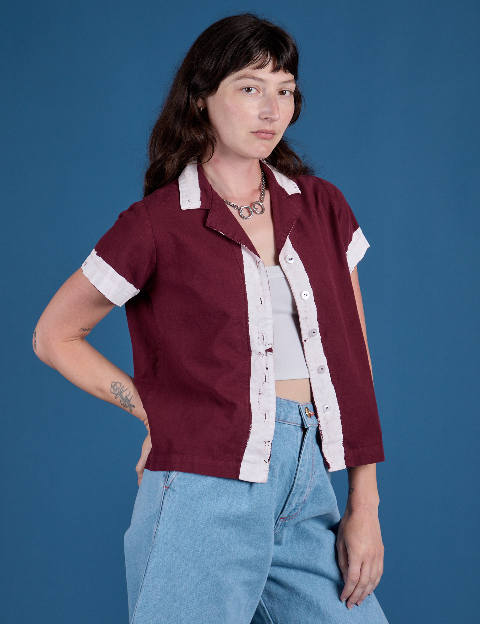 Painted Pantry Button-Up in Red Wine angled front view on Alex