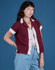 Painted Pantry Button-Up in Red Wine angled front view on Alex