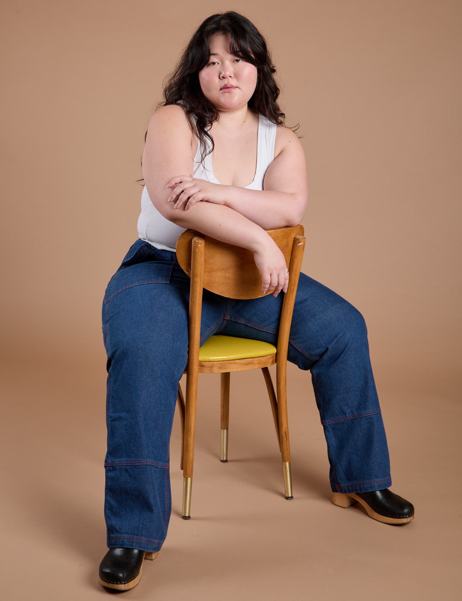 Carpenter Jeans in Dark Wash and Cropped Tank in Vintage Tee White on Ashley