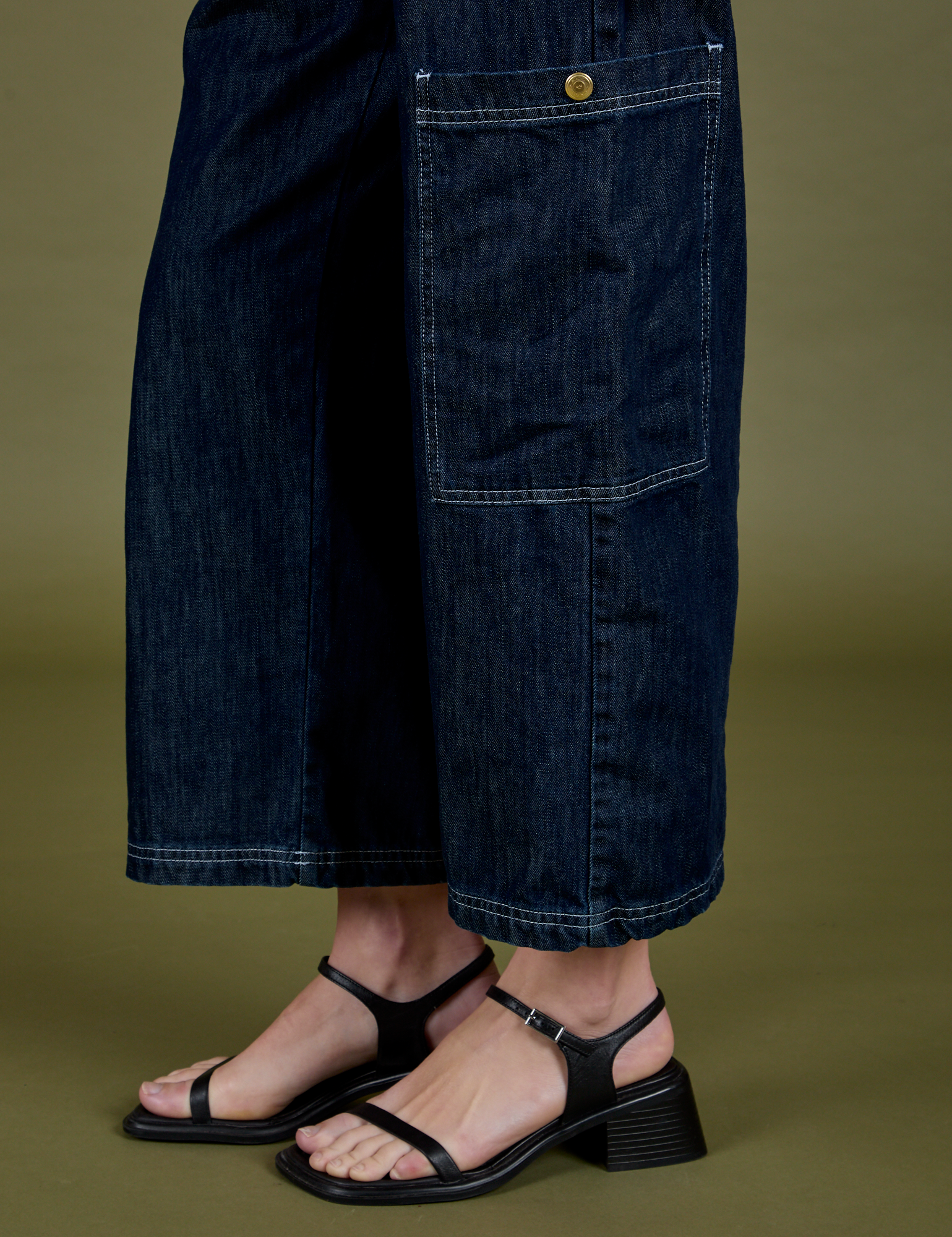 Denim Drop Pocket Pants in Dark Wash pant side leg close up