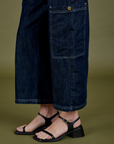 Denim Drop Pocket Pants in Dark Wash pant side leg close up