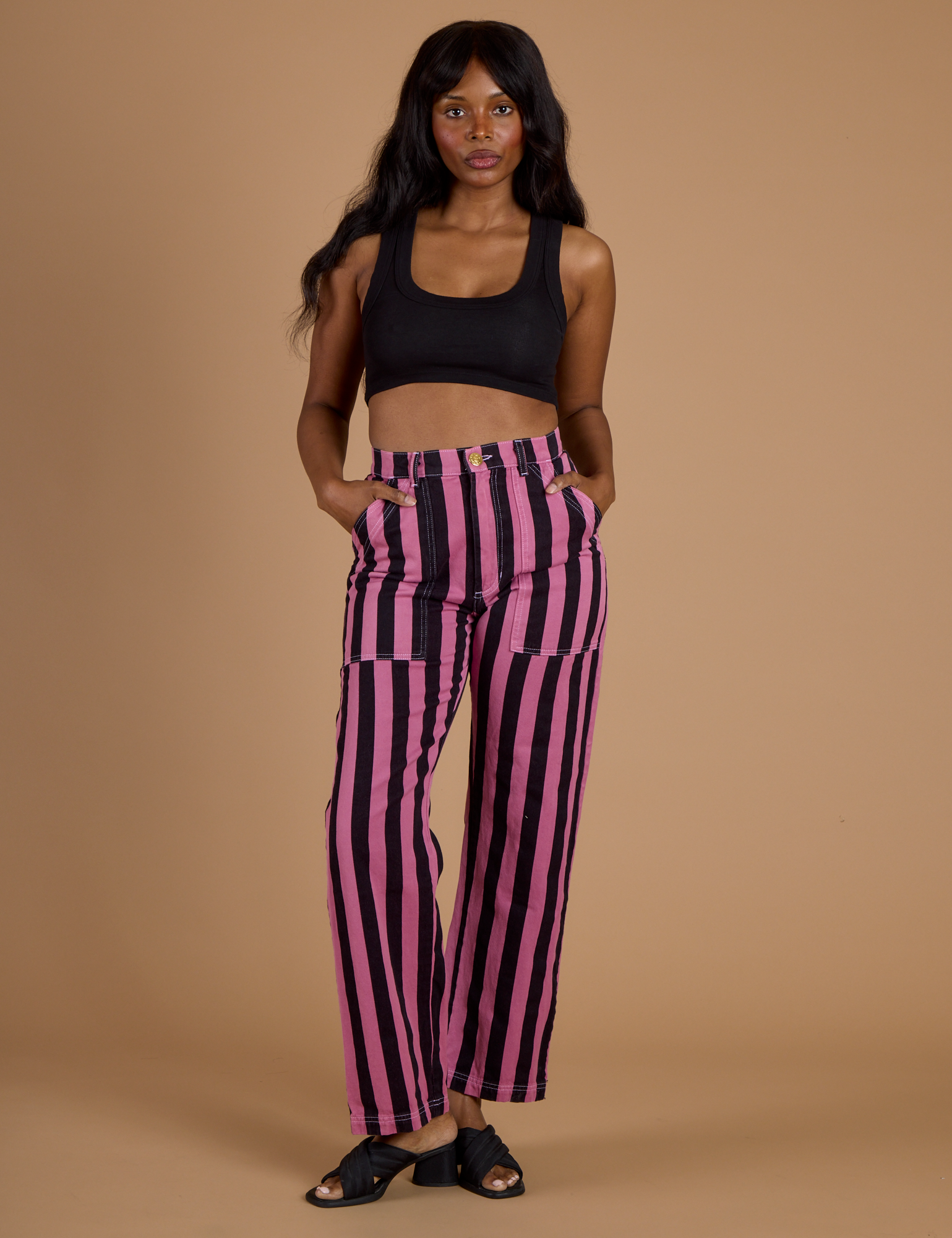 Black Stripe Work Pants - Bubblegum Pink