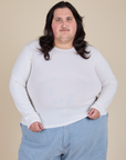 Sam is 5’10” and wearing XL Long Sleeve Baby Tee in Vintage Tee Off-White 