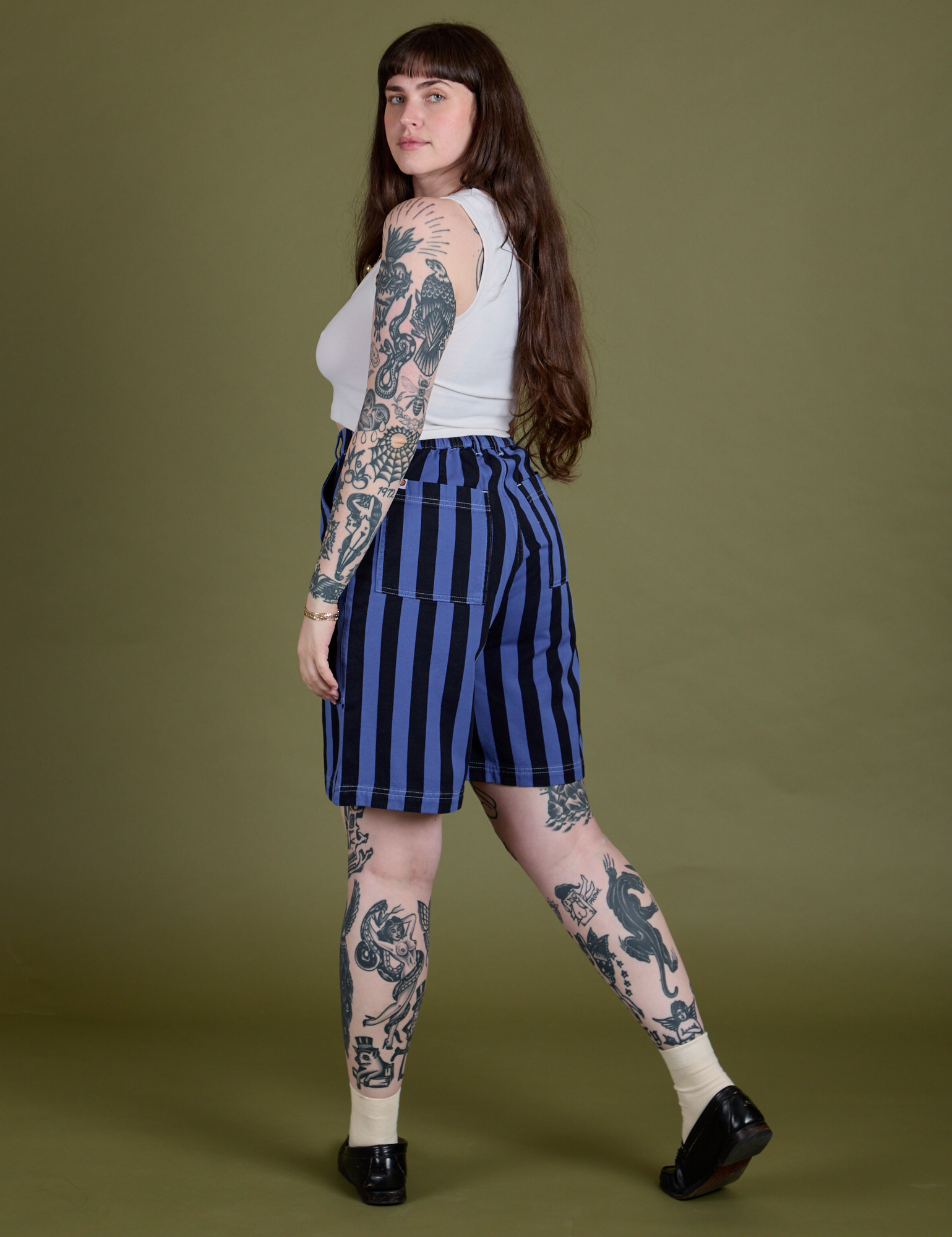 Longline Work Shorts in Cornflower angled back view on Sydney