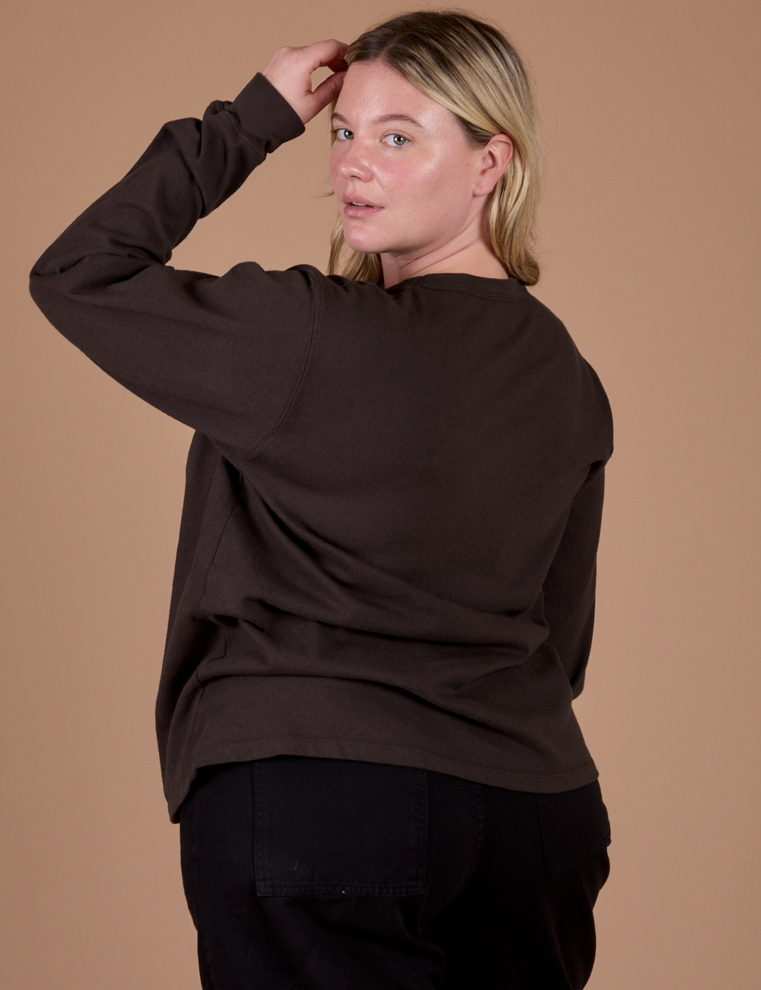 Long Sleeve Burly Tee in Espresso Brown angled back view on Lish