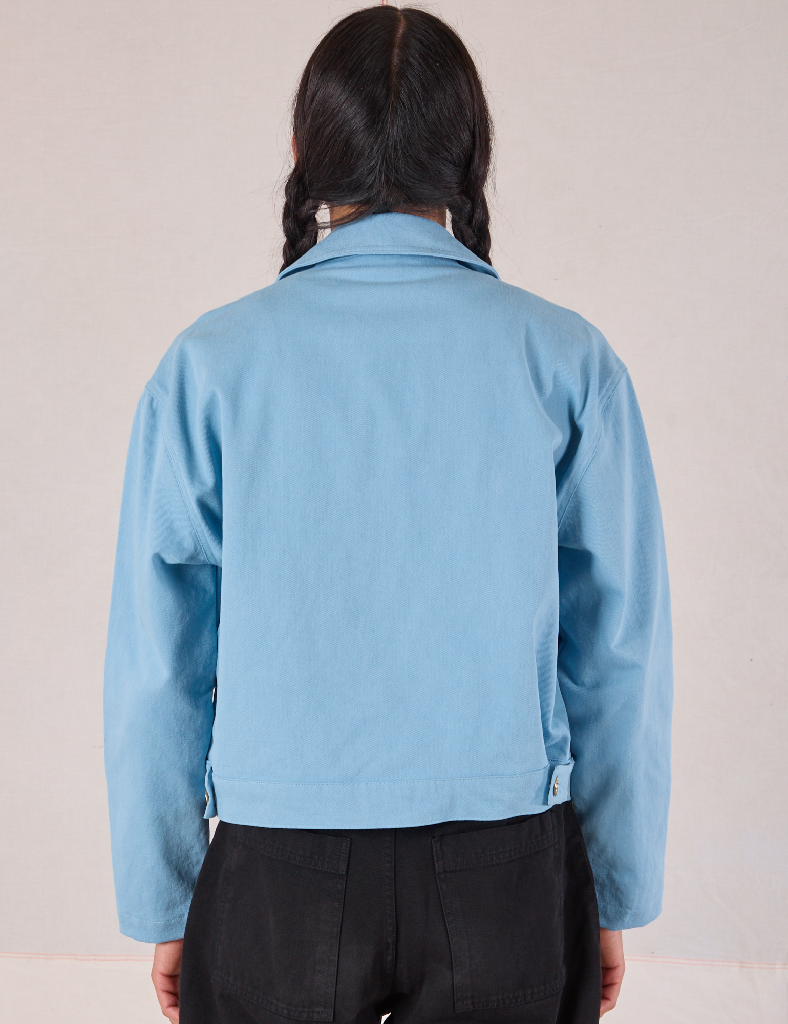 Mechanic Jacket in Baby Blue back view on Anthony