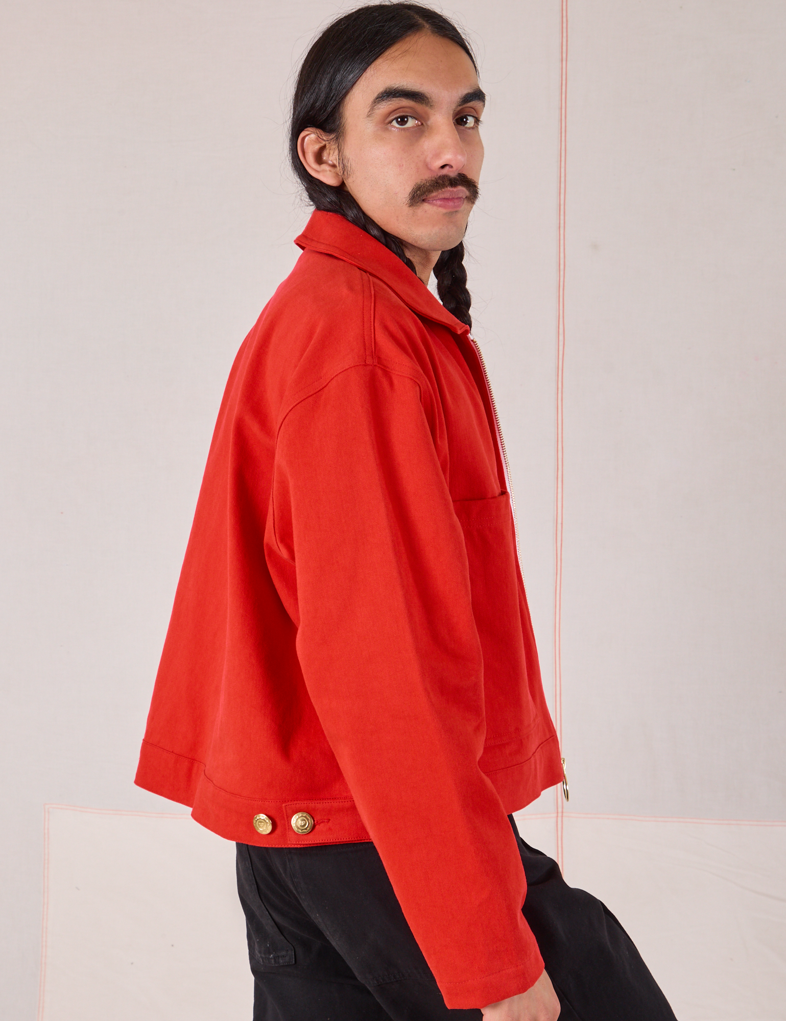 Mechanic Jacket in Mustang Red side view on Anthony