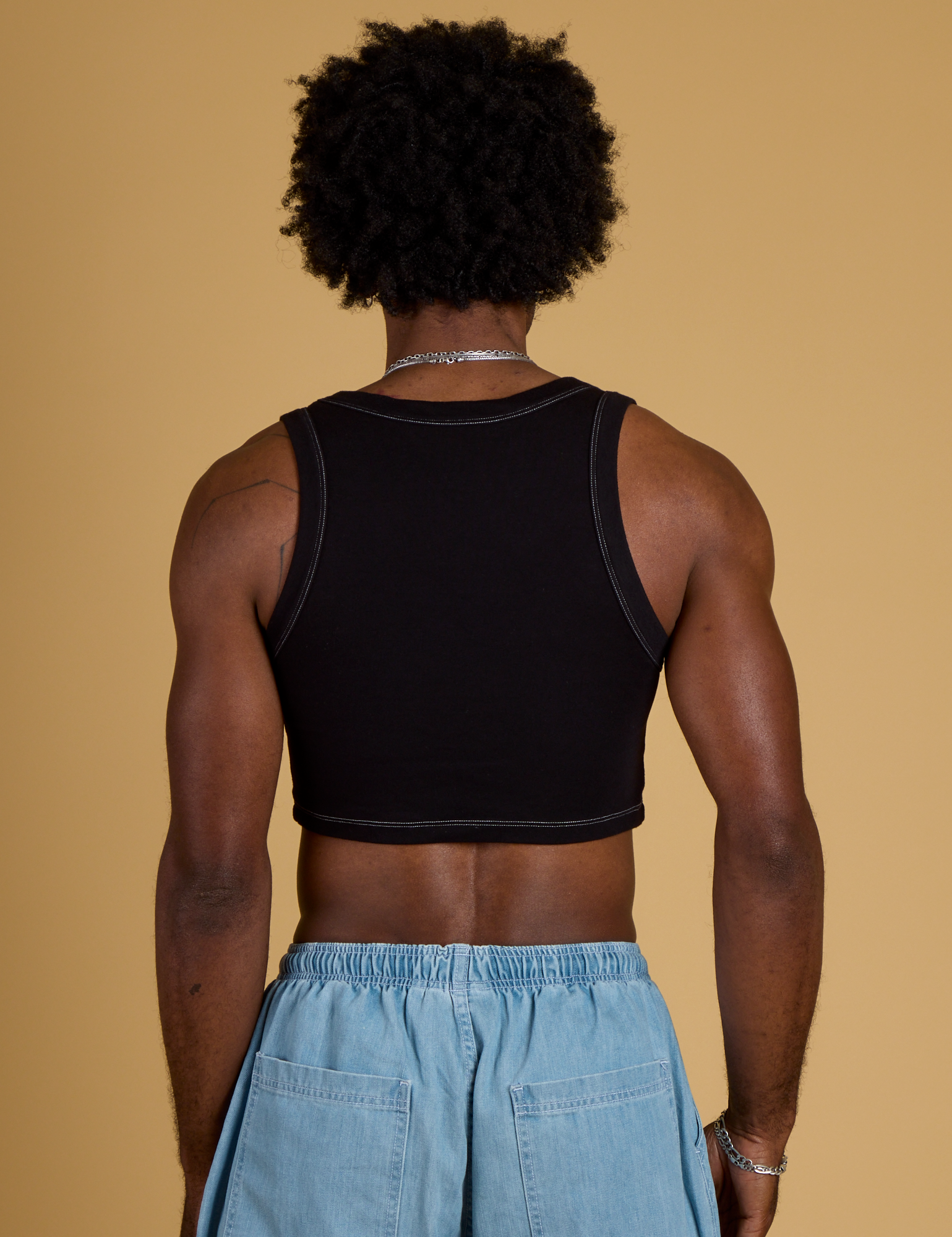 Contrast Stitch Mini Tank in Basic Black back view on Jerrod