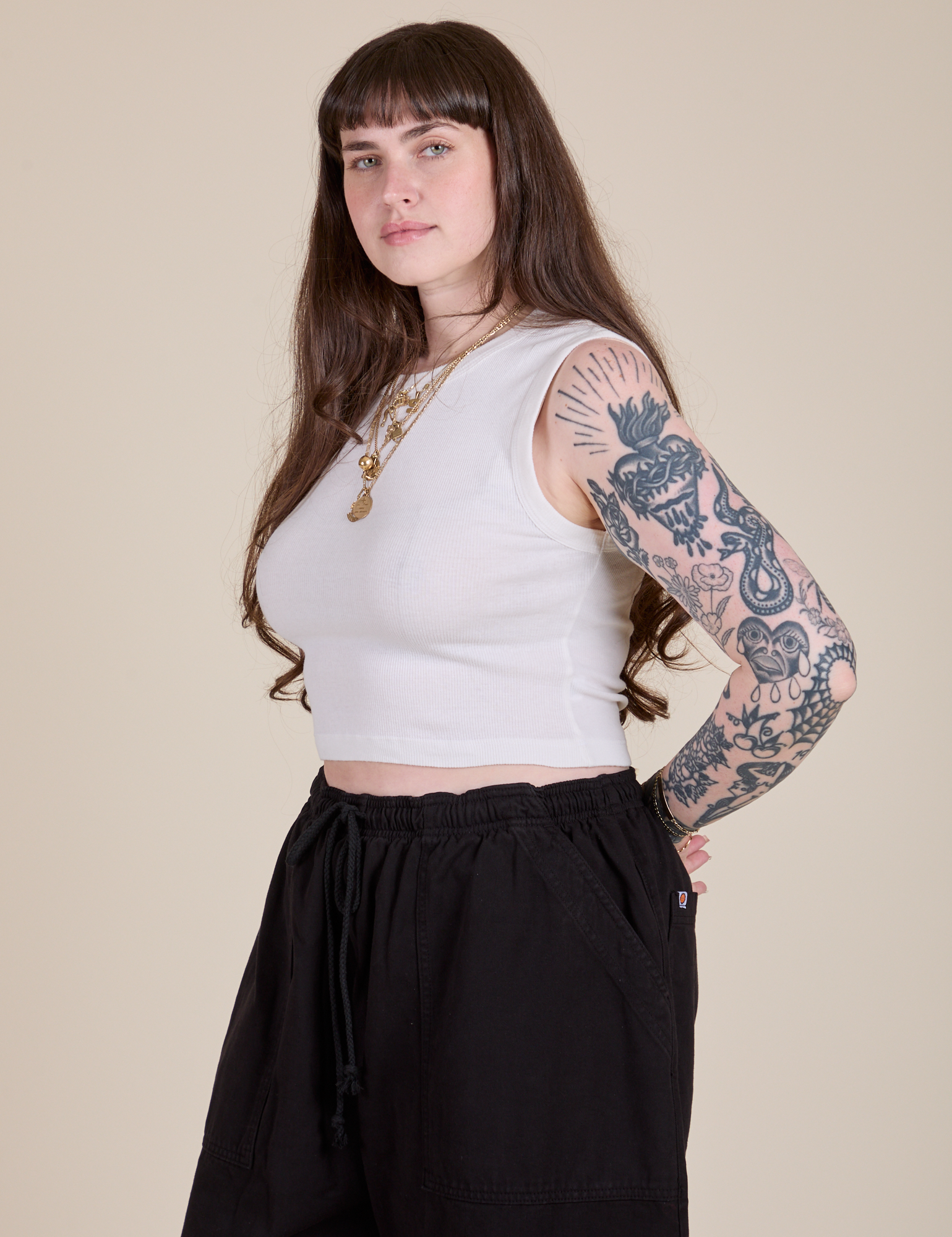 Angled front view of Muscle Tee in Vintage Tee White on Sydney