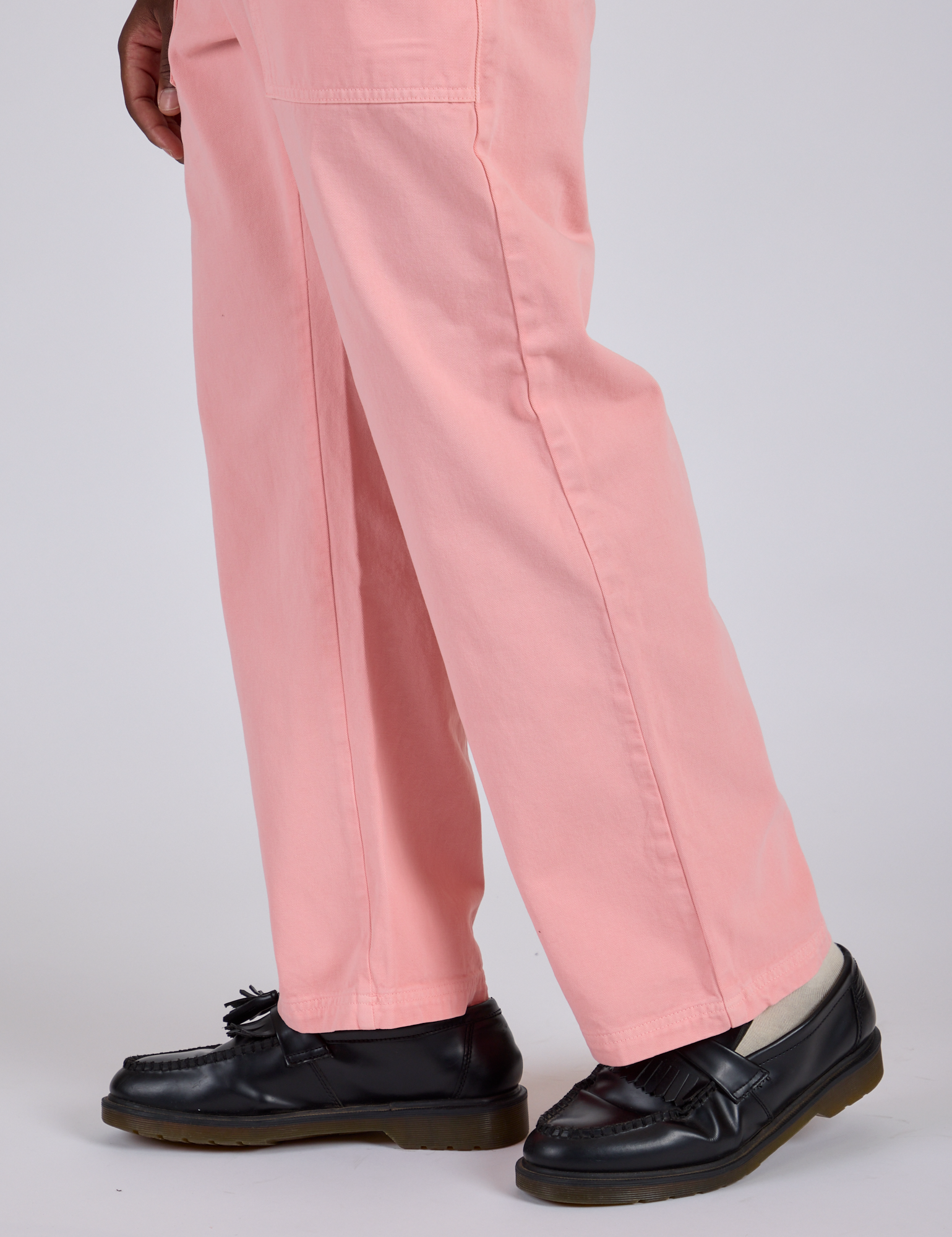 Work Pants in Baby Pink leg side view close up on Isaac