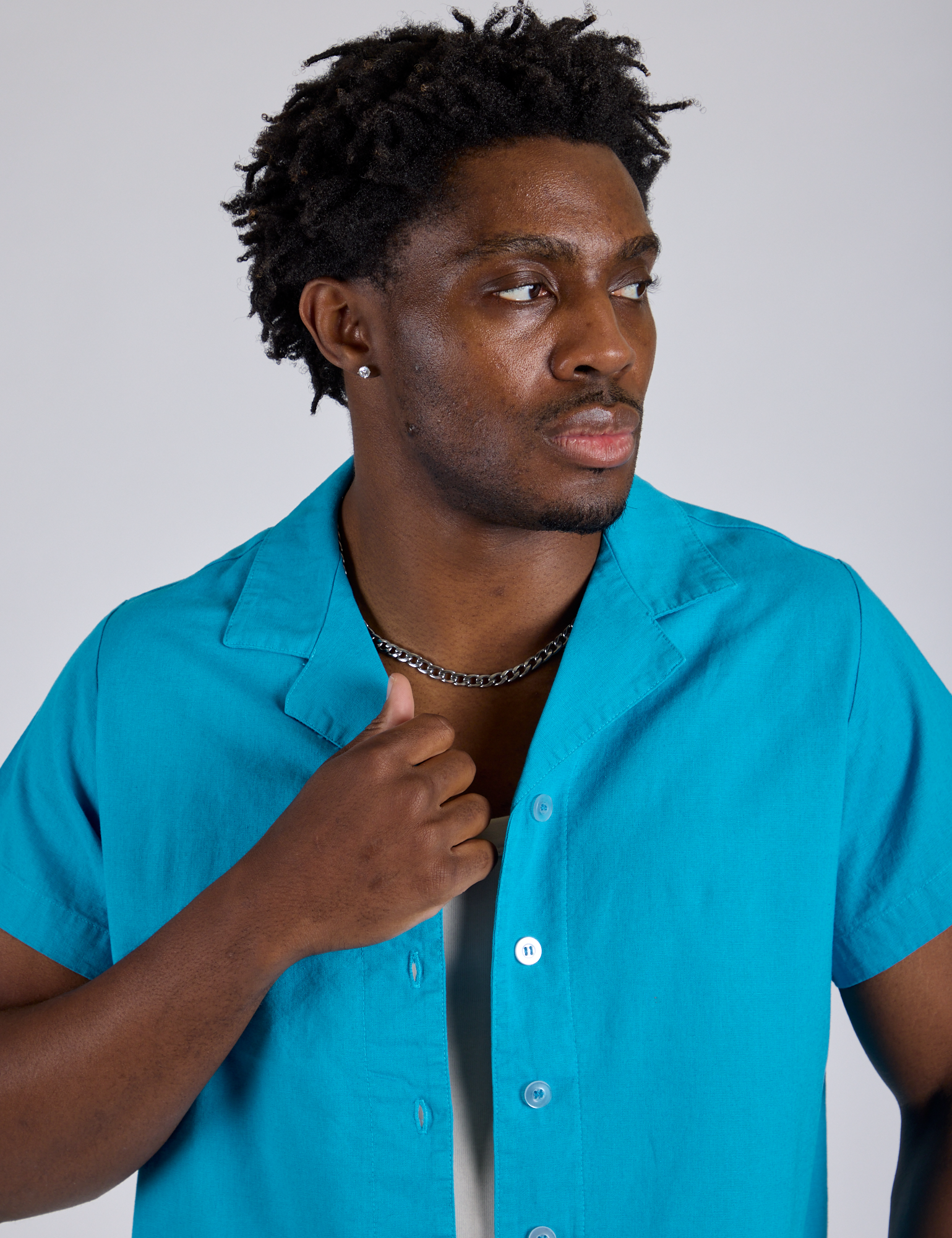 Close up of Pantry Button-Up in Hawaiian Blue on Isaac