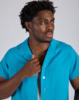 Close up of Pantry Button-Up in Hawaiian Blue on Isaac