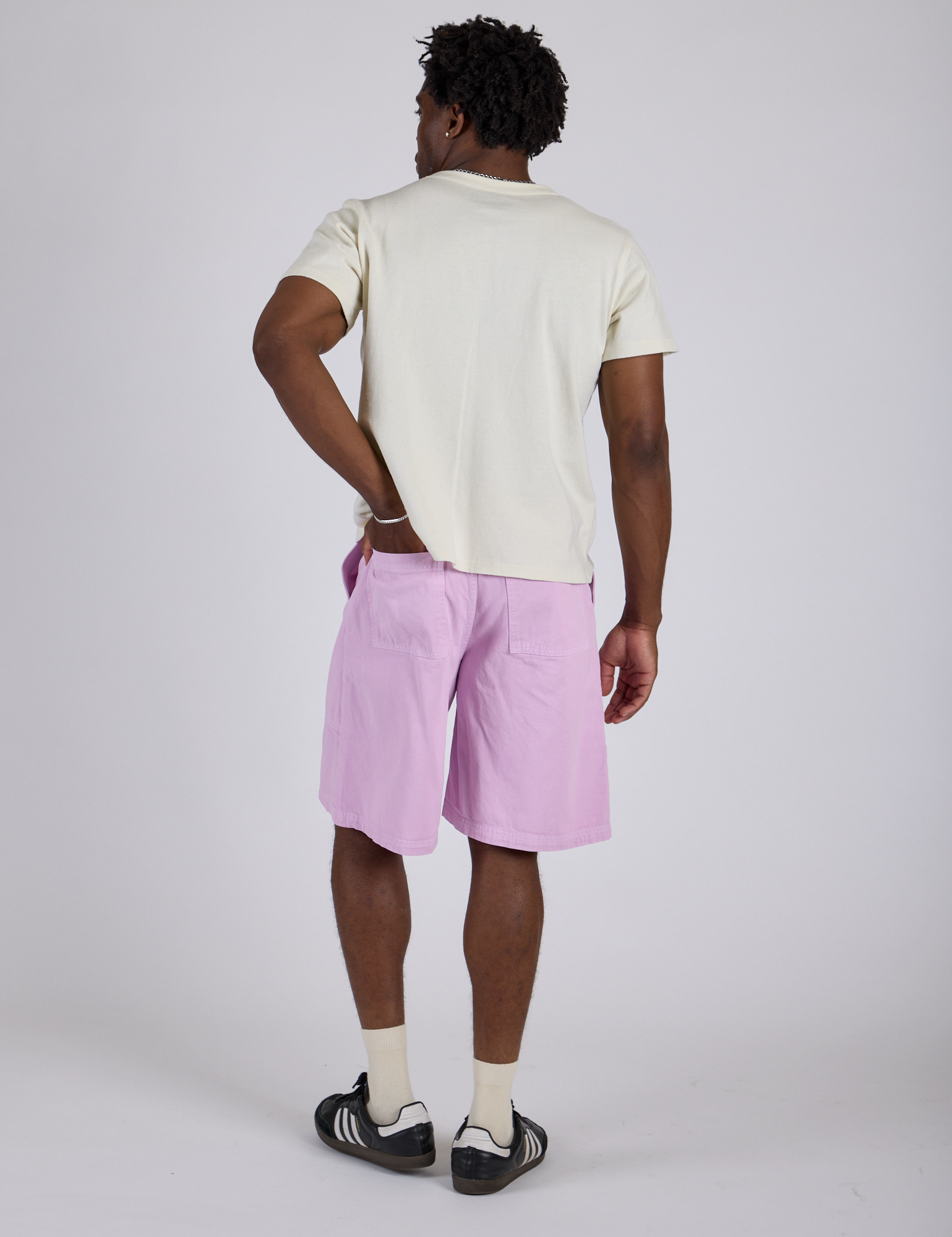 Longline Work Shorts in Lilac Purple and vintage tee white Organic Vintage Tee on Isaac