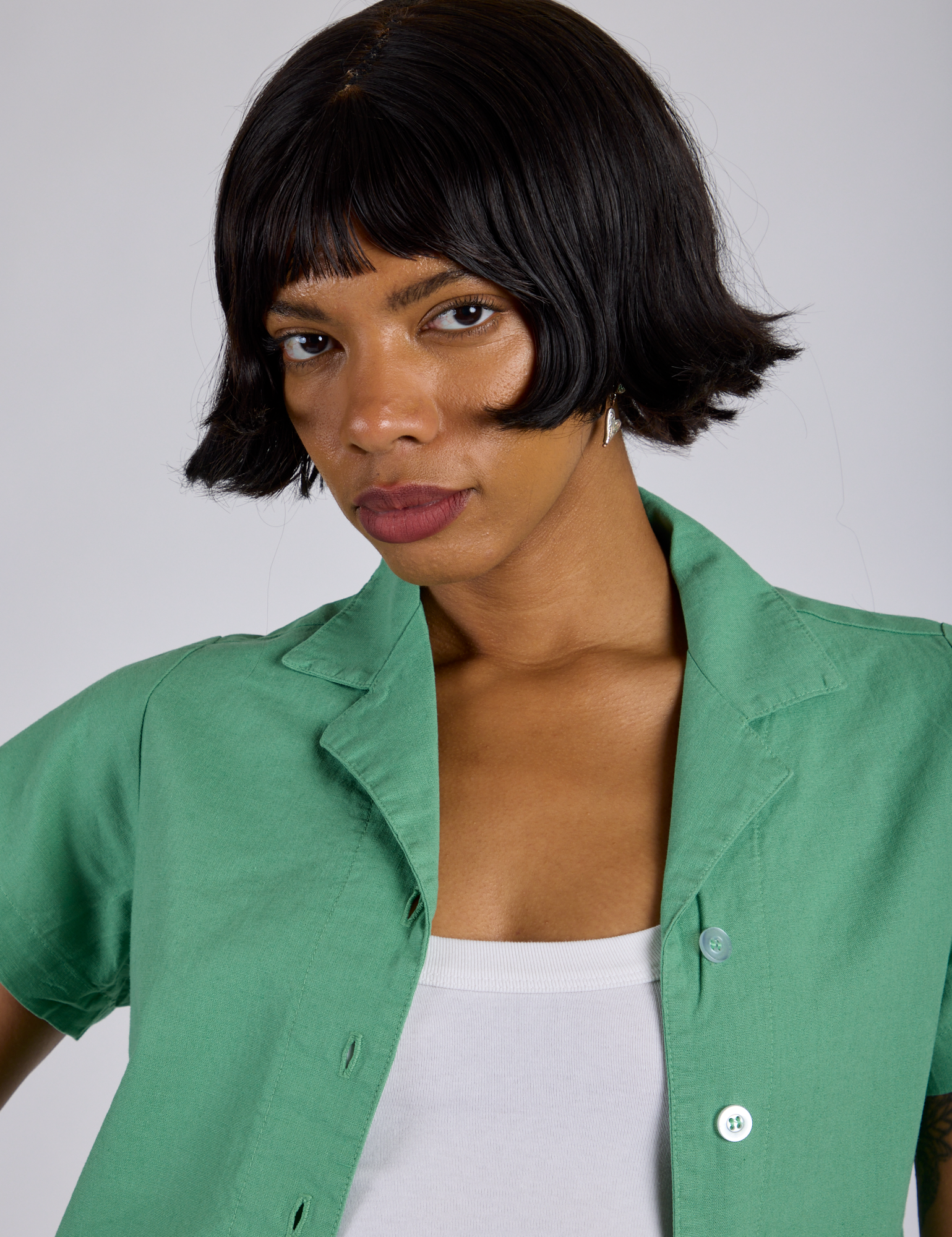 Pantry Button-Up in Seafoam Green close up on Kira