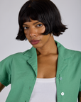 Pantry Button-Up in Seafoam Green close up on Kira