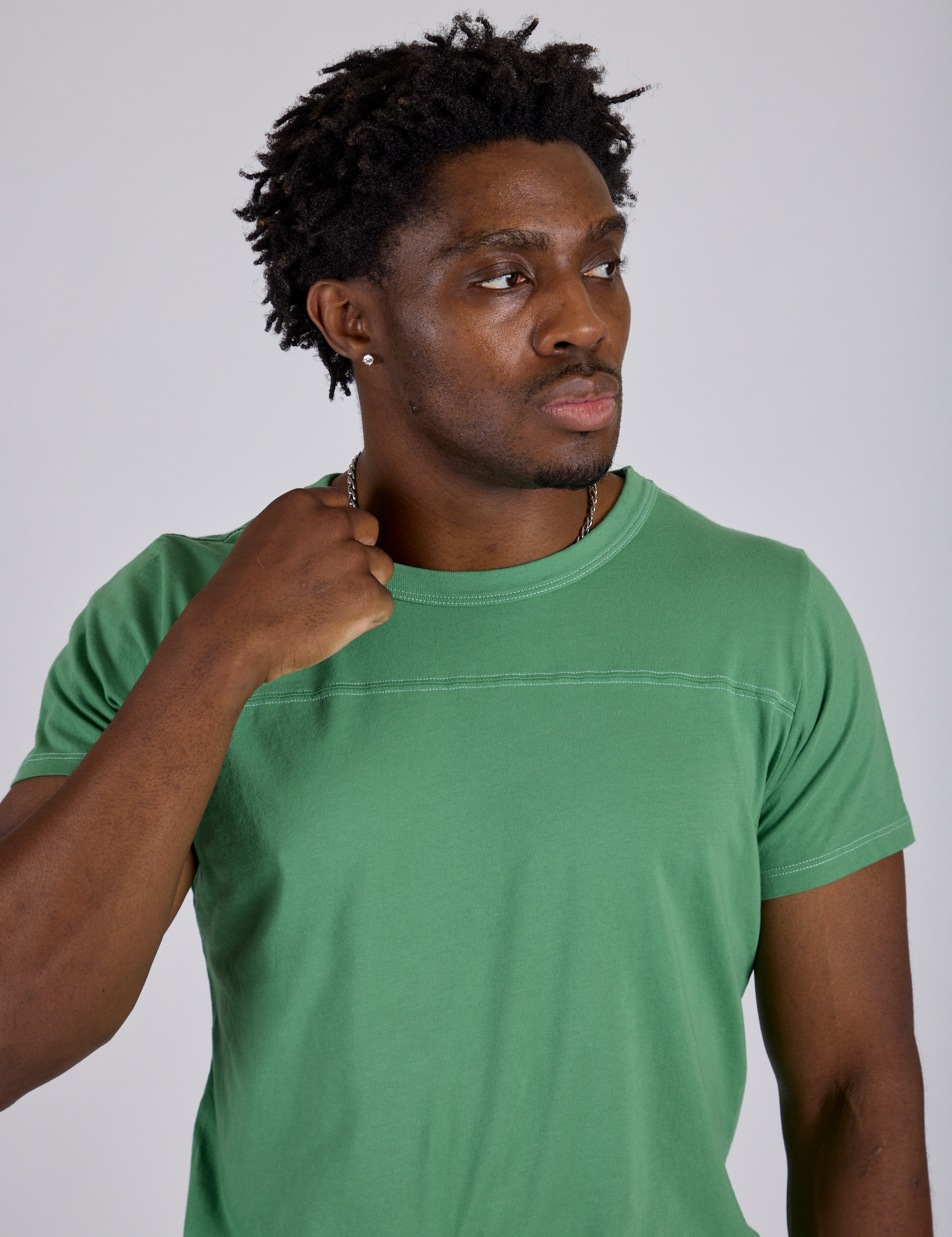Jr. Varsity Tee in Seafoam Green front close up on isaac