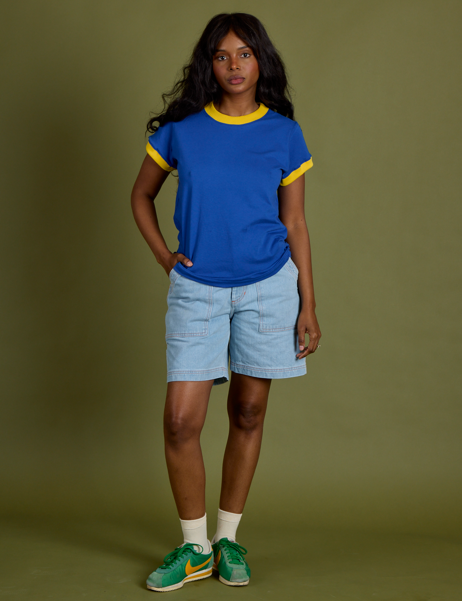 Vintage Ringer Tee in Royal Blue and light wash Carpenter Shorts on Kandia