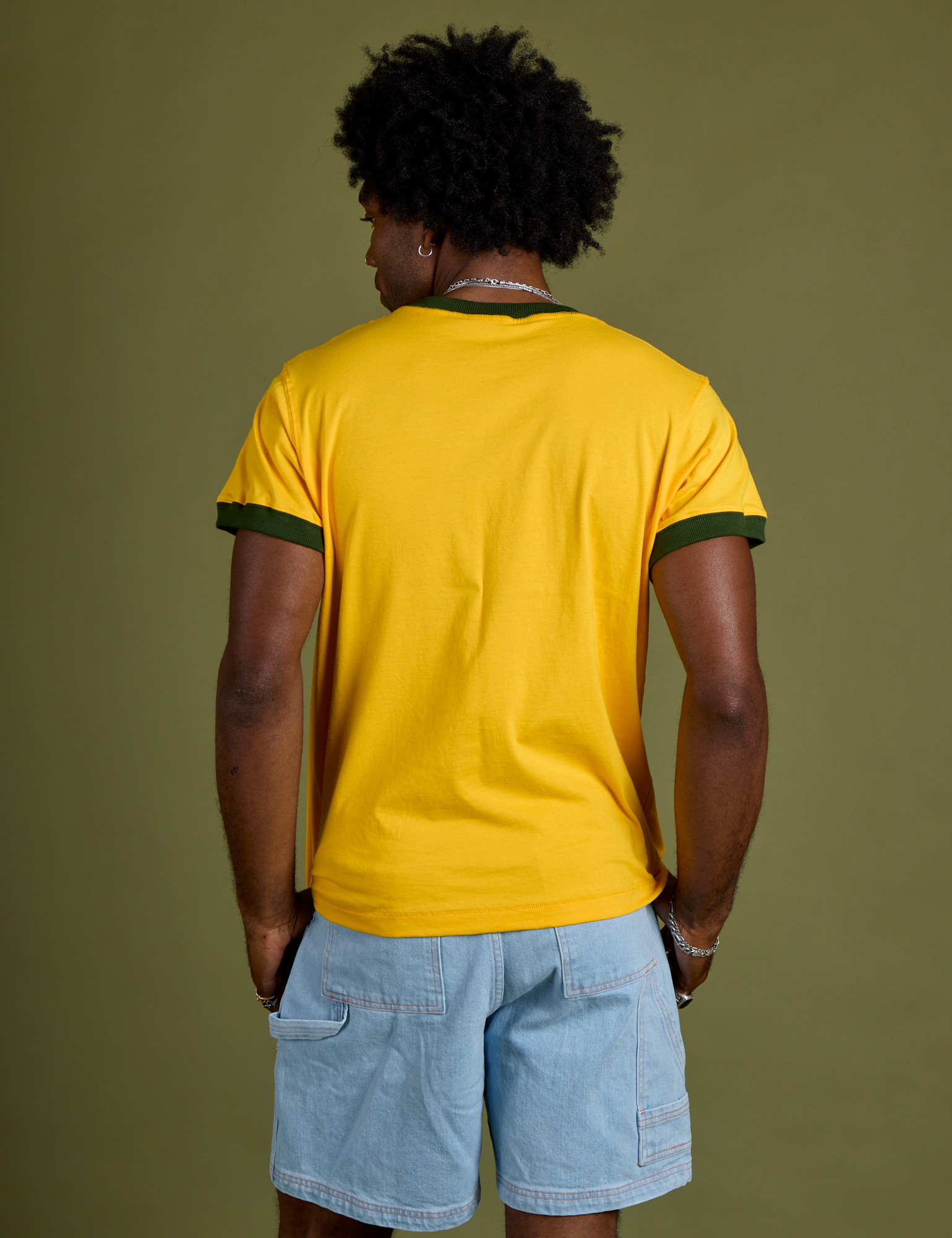 Back view of Vintage Ringer Tee in Sunshine Yellow on Jerrod