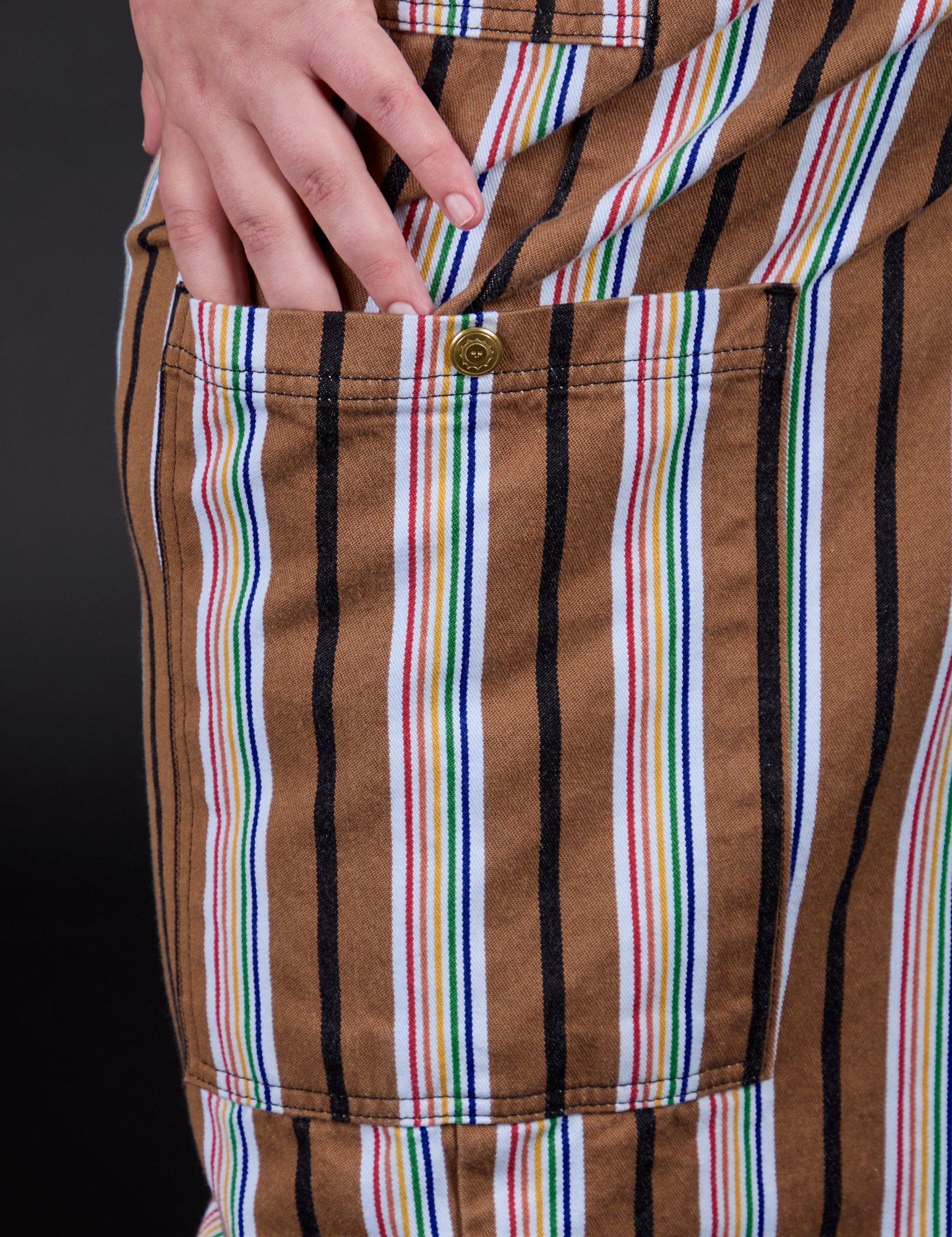 Striped Drop Pocket Pants in Retro Rainbow Close up of pant leg side pocket