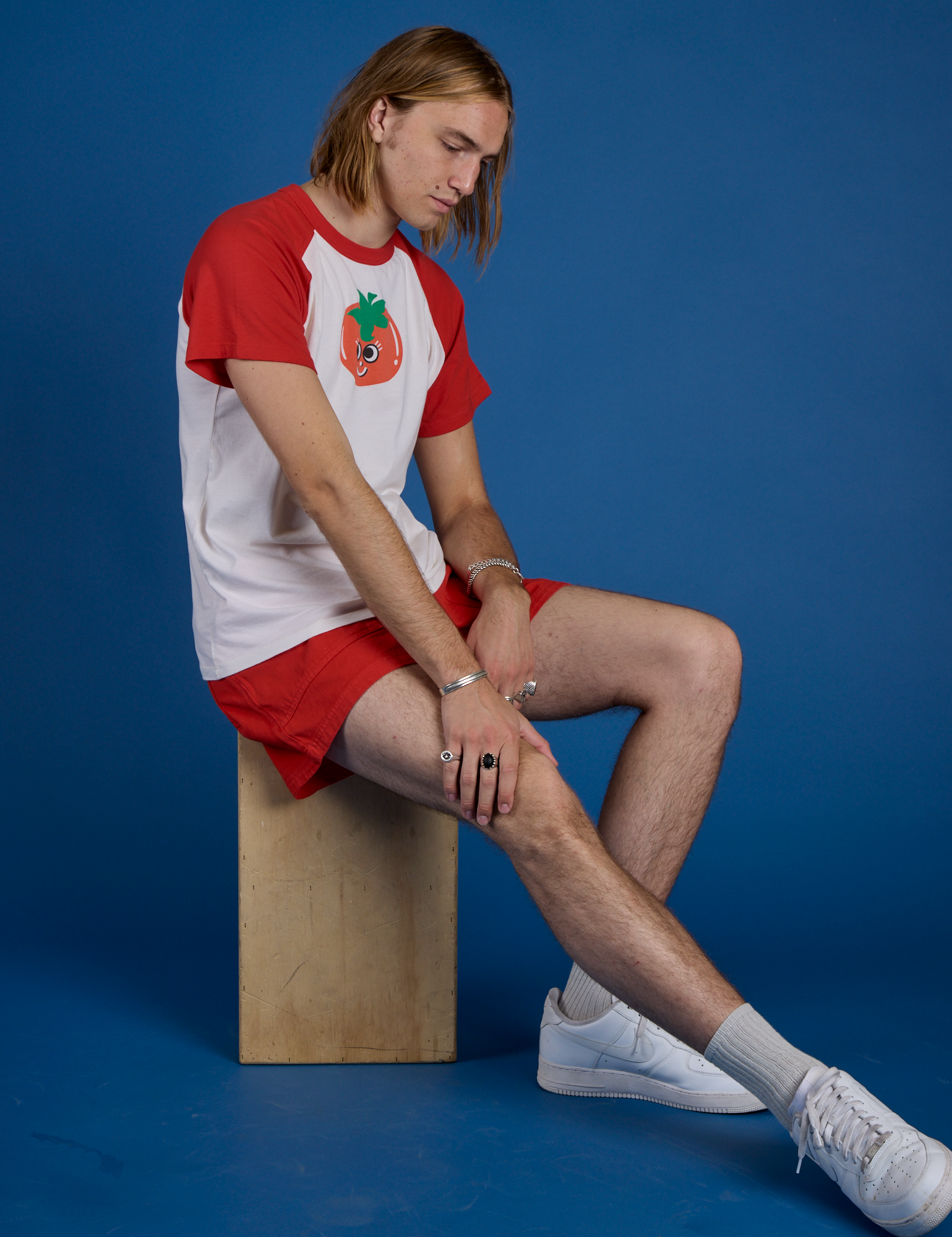 Produce Raglan Tee in Tomato worn by Grant