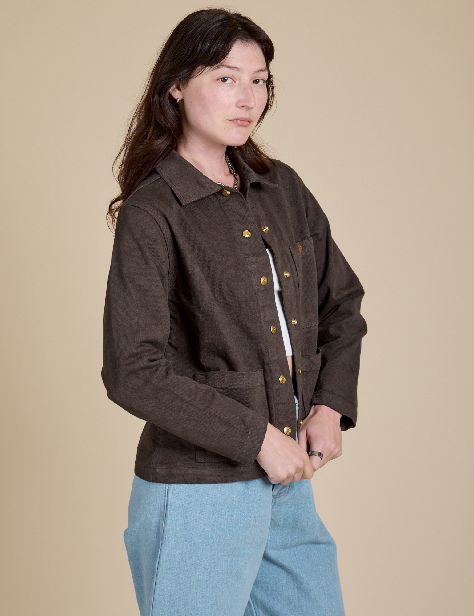 Angled front view of Denim Work Jacket in Espresso Brown on Alex