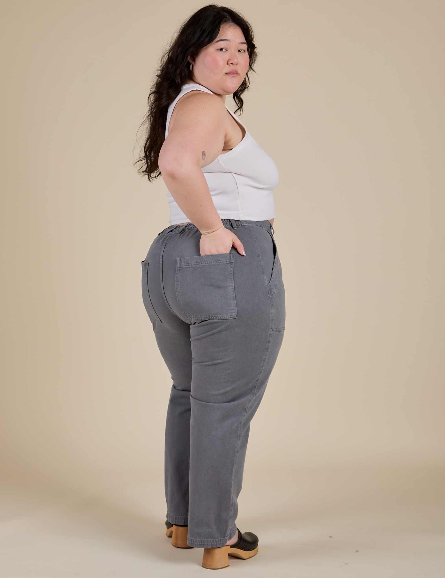 Angled back view of Work Pants in Washed Grey on Ashley