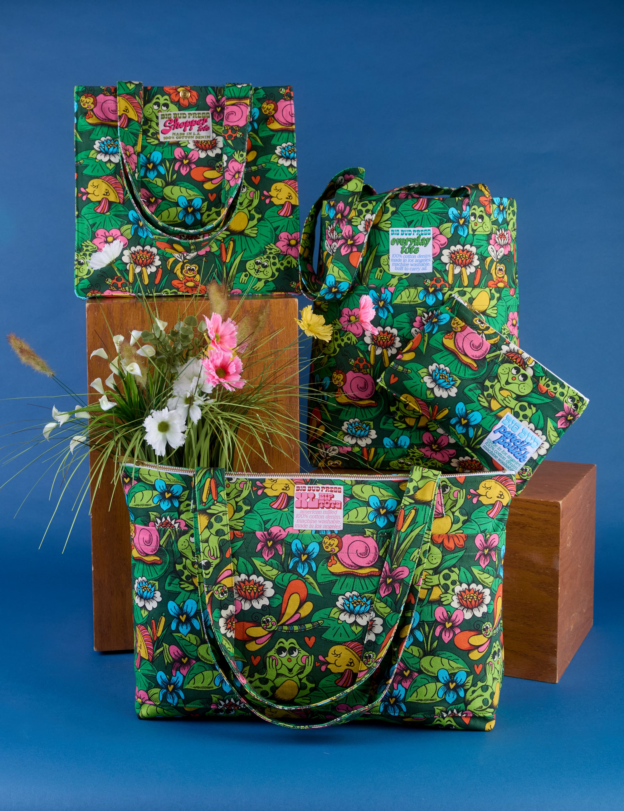 Pond Party Printed bags: XL Zip Tote, Everyday Tote, Shopper Tote and Pencil Pouch