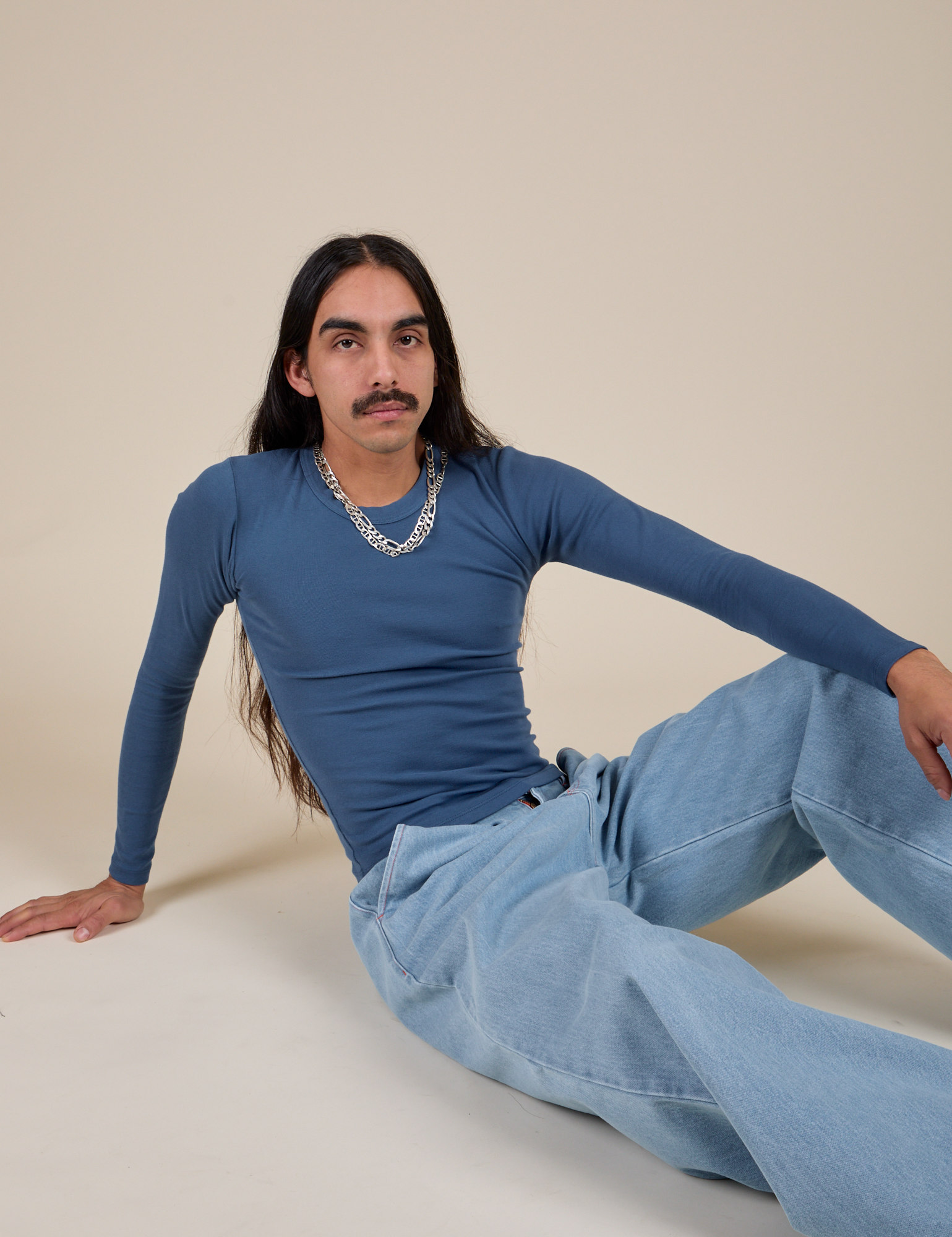 Long Sleeve Baby Tee in French Blue worn by Anthony