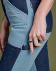 Pant leg side view close up of Mismatched Denim Carpenter Jeans on Alex