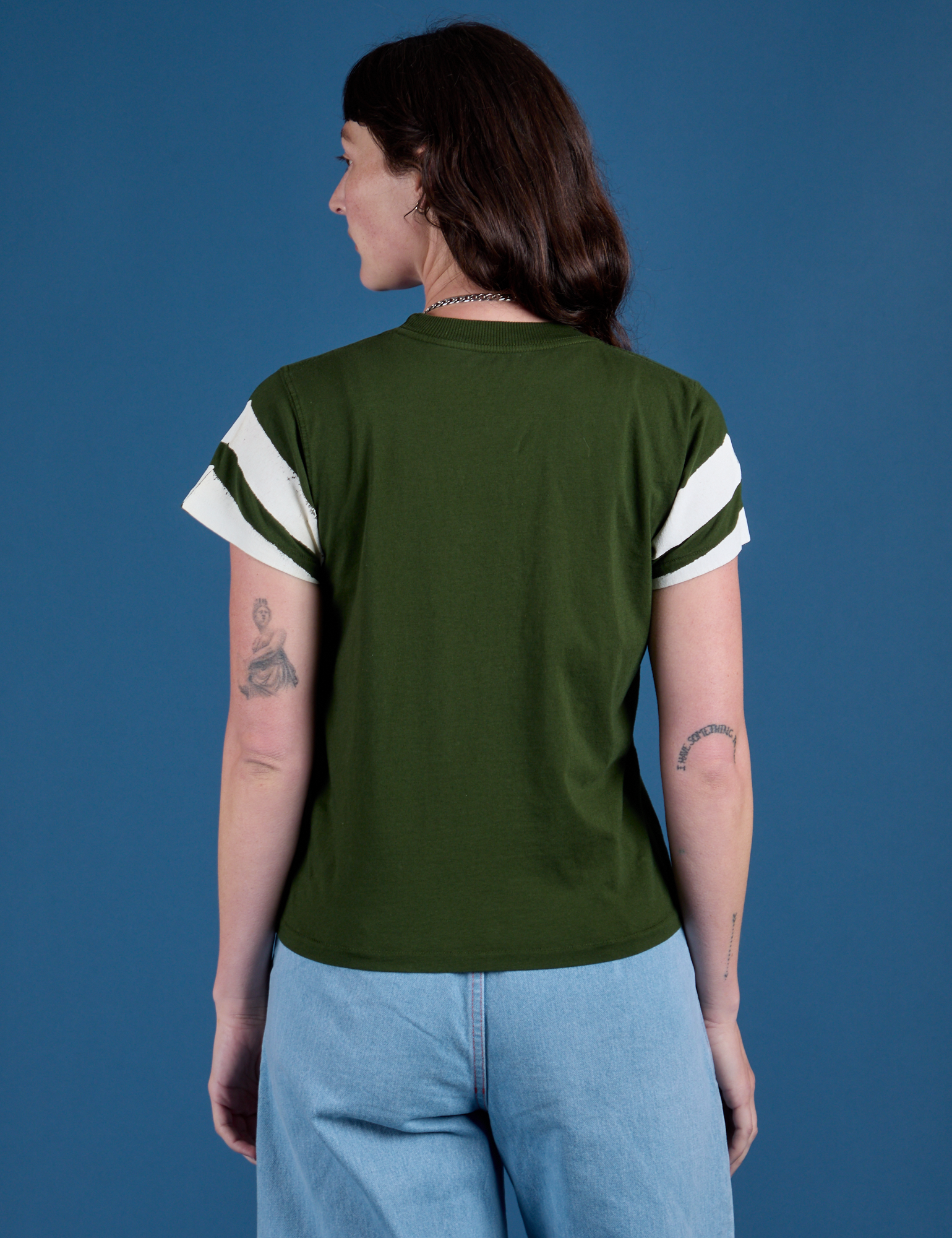 Painted Vintage Tee in Evergreen back view on Alex