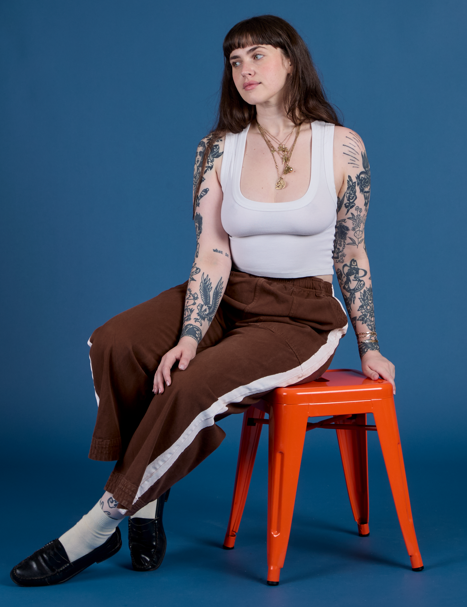 Painted Action Pants in Fudgesicle Brown and Cropped Tank in Vintage tee White on Sydney