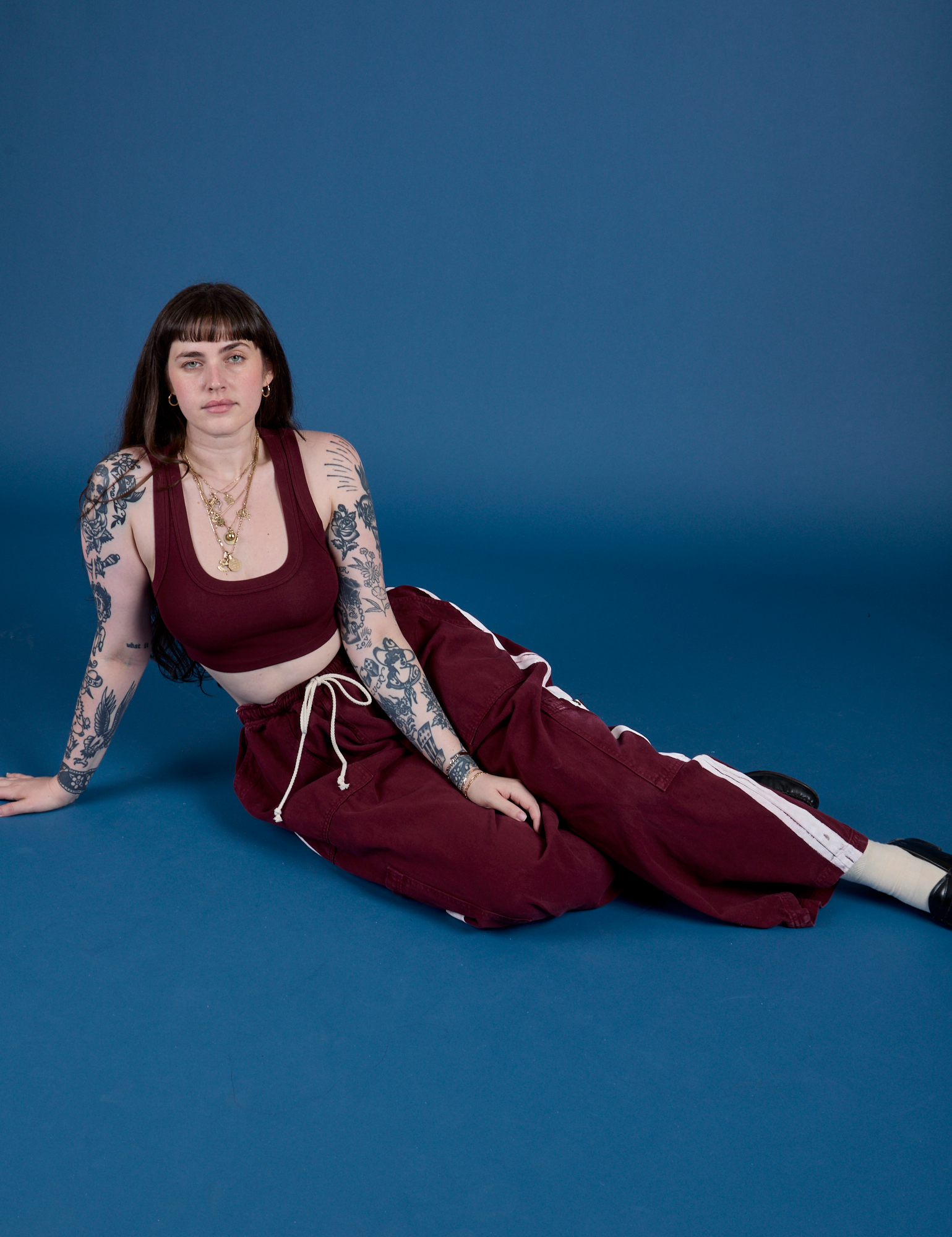 Painted Drop Pocket Cargo Pants in Red Wine and matching Mini Tank on Sydney