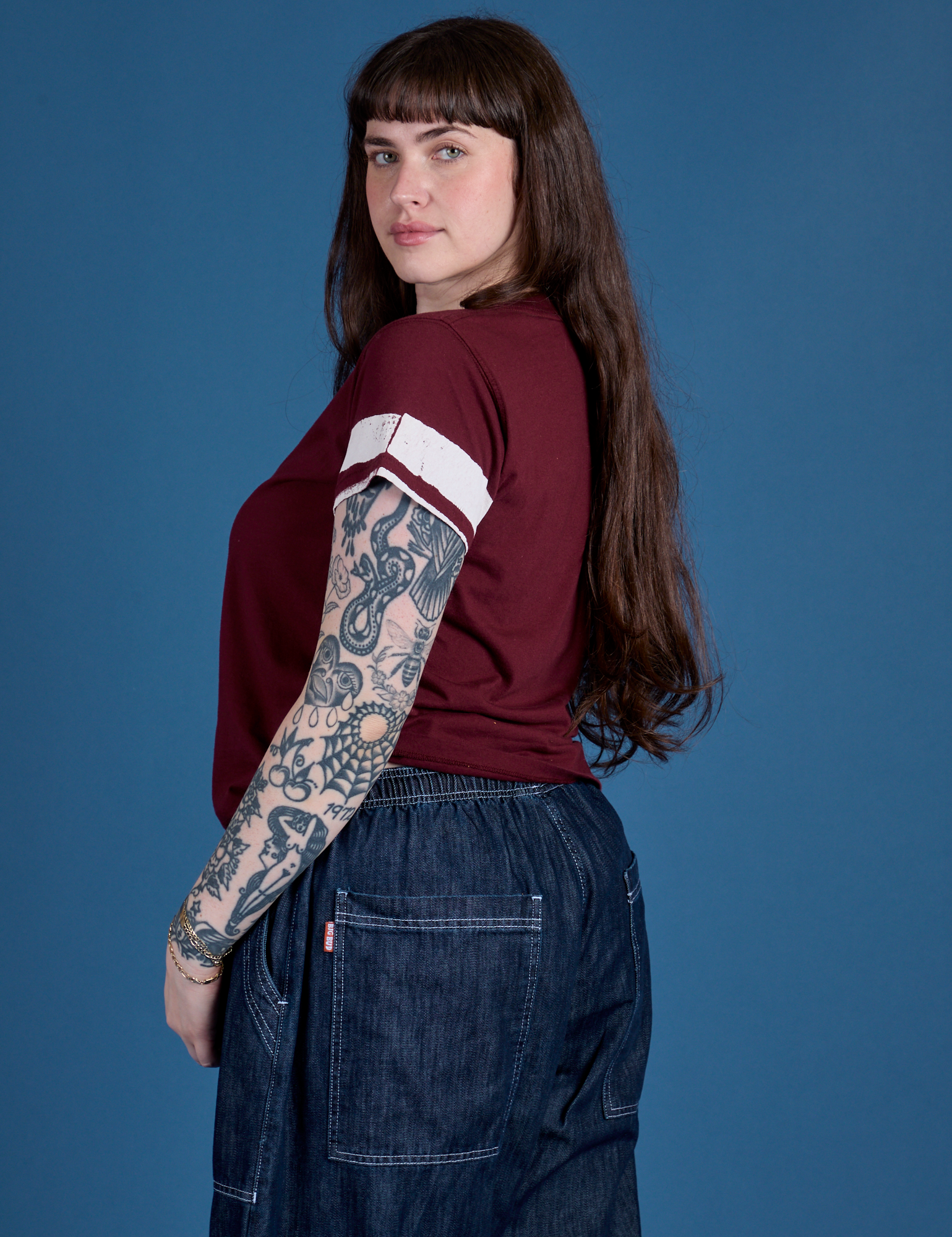 Painted Vintage Tee in Red Wine angled back view on Sydney