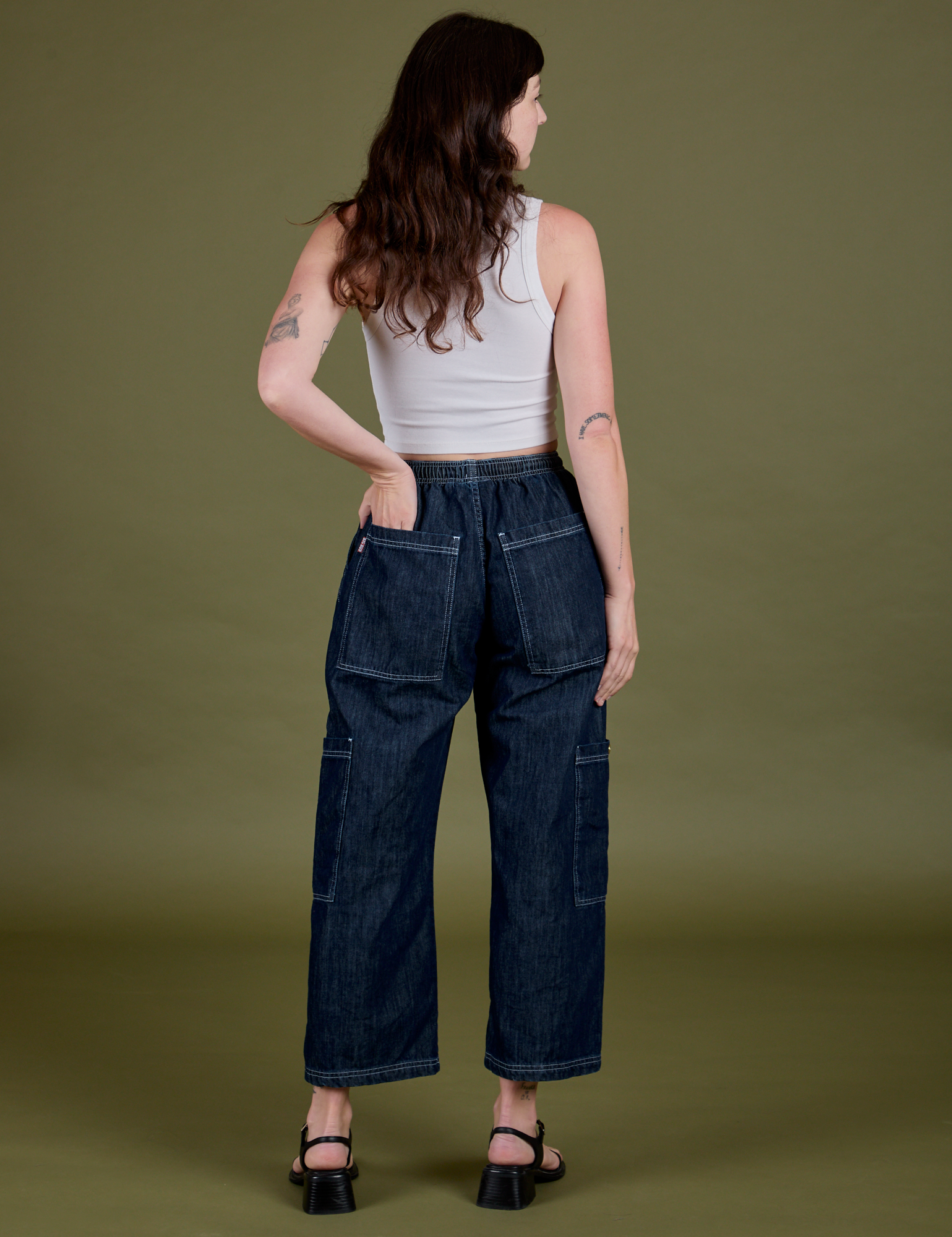 Denim Drop Pocket Pants in Dark Wash back view on Alex