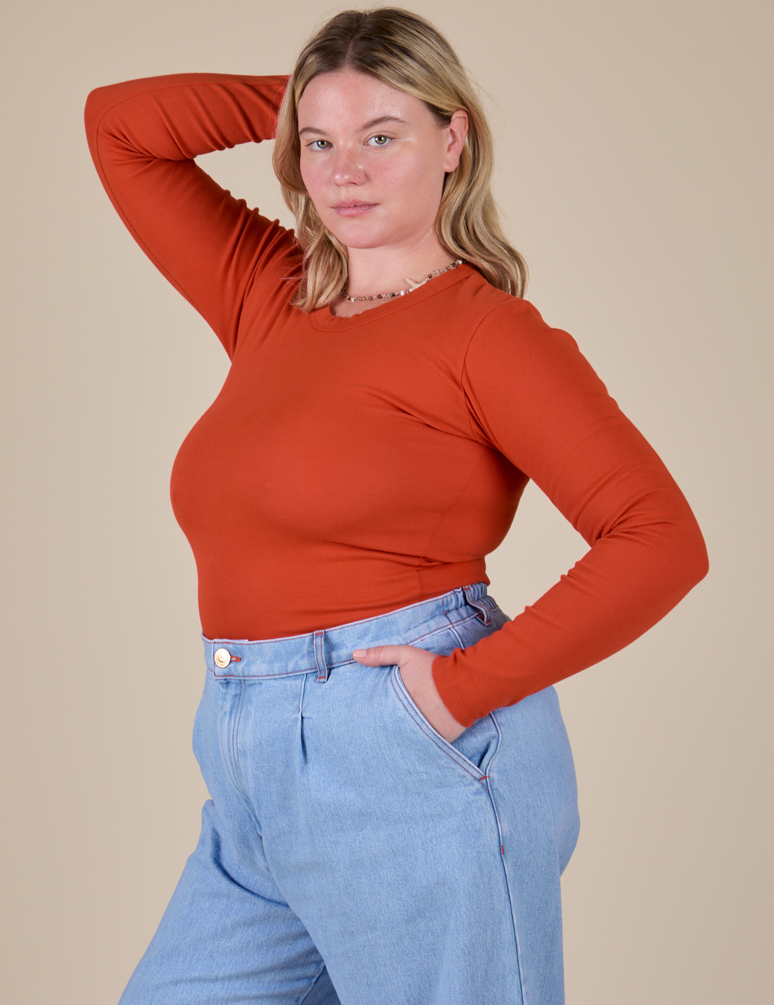 Long Sleeve Baby Tee in Chili Red side view on Lish