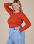 Long Sleeve Baby Tee in Chili Red side view on Lish