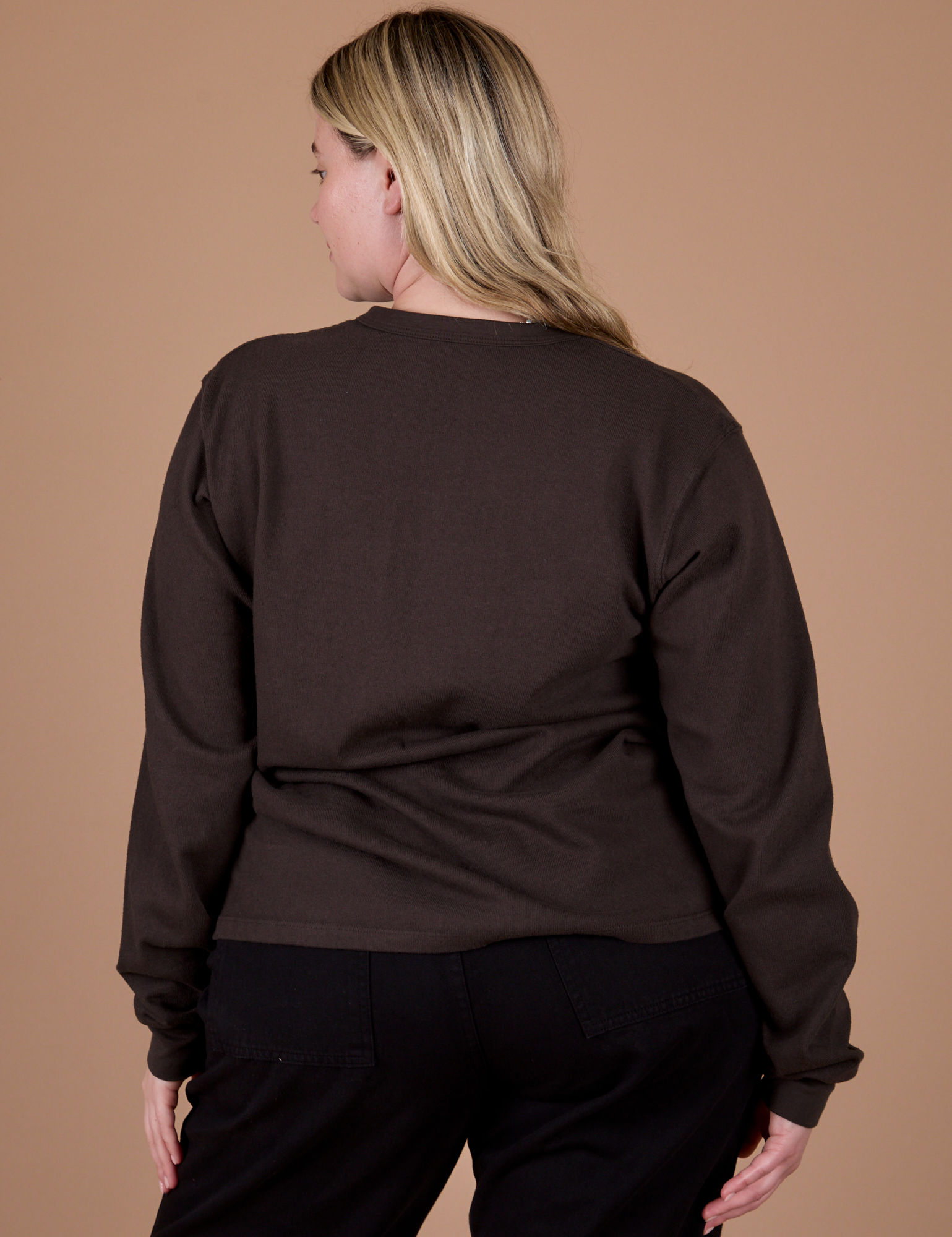 Long Sleeve Burly Tee in Espresso Brown back view on Lish