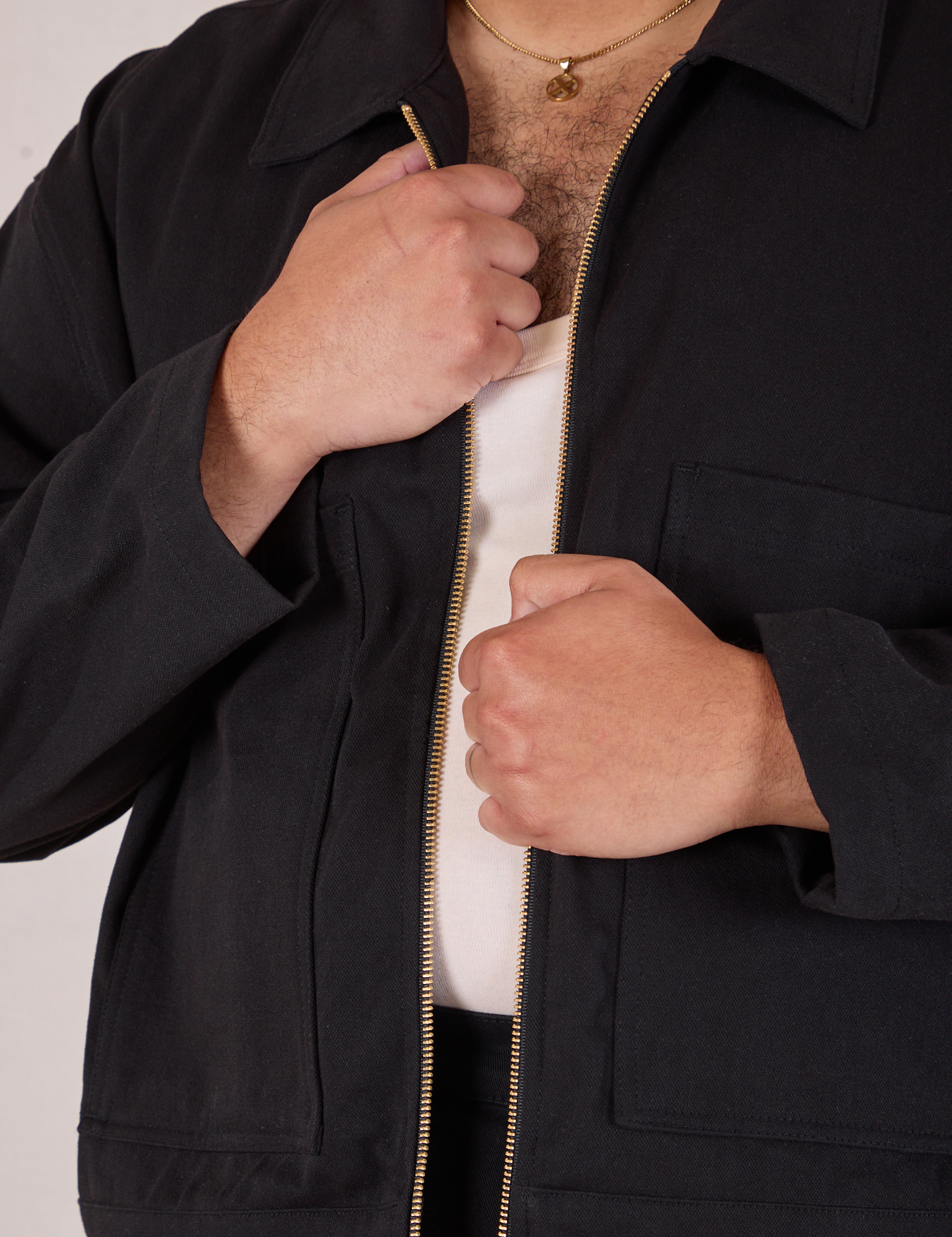 Mechanic Jacket in Basic Black front close up on Miguel