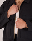 Mechanic Jacket in Basic Black front close up on Miguel