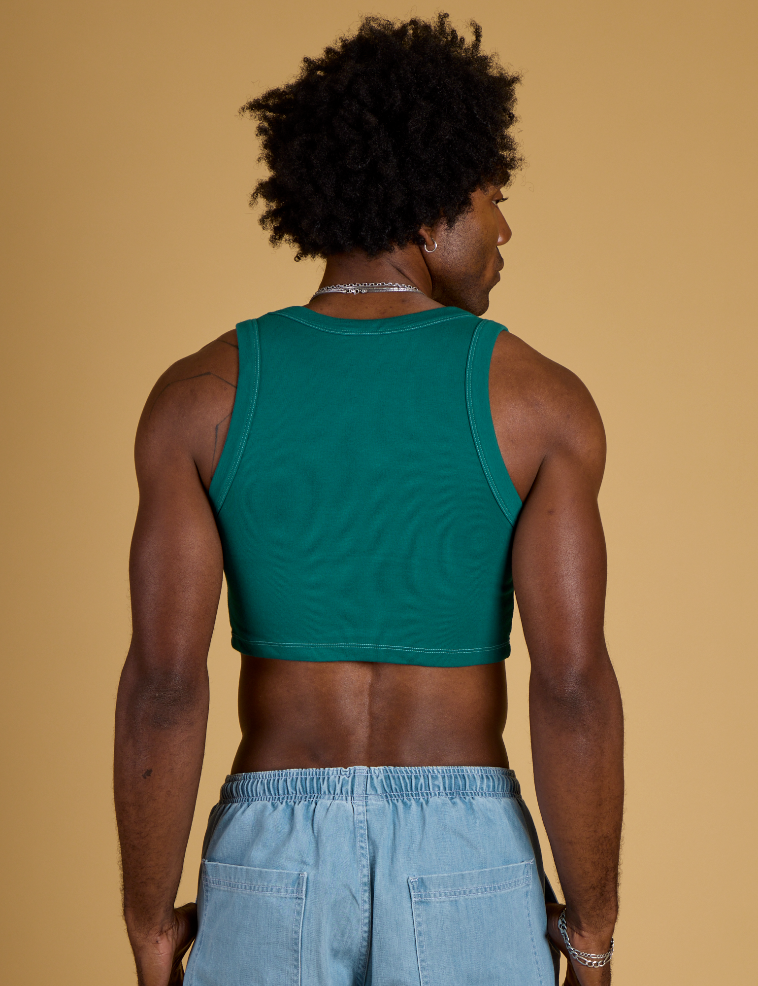 Contrast Stitch Mini Tank in Hunter Green back view on Jerrod