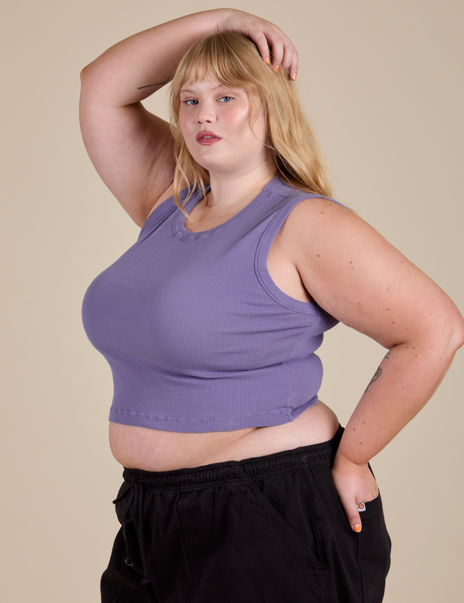 Angled front view of Muscle Tee in Faded Grape on Juliet