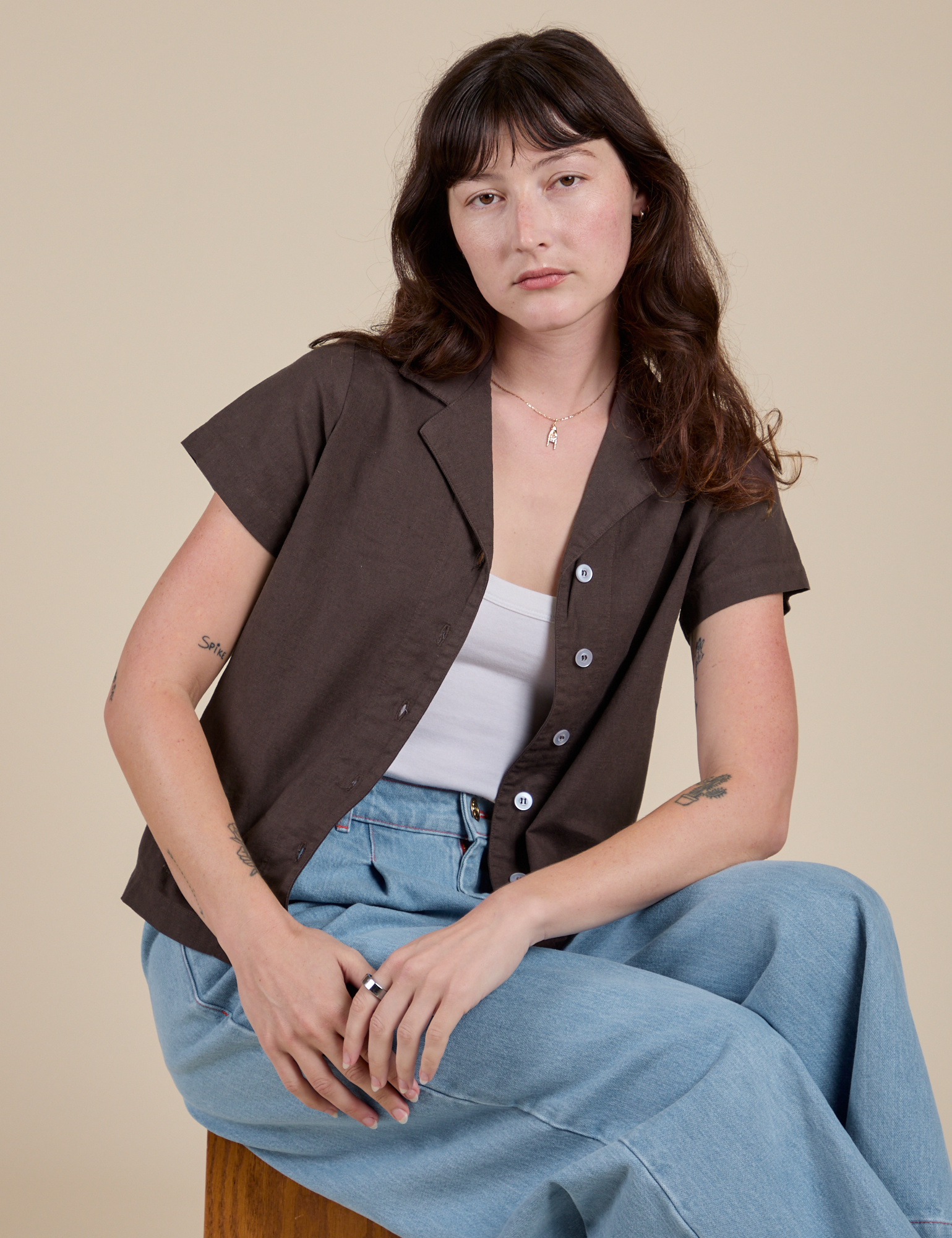 Pantry Button-Up in Espresso Brown on Alex
