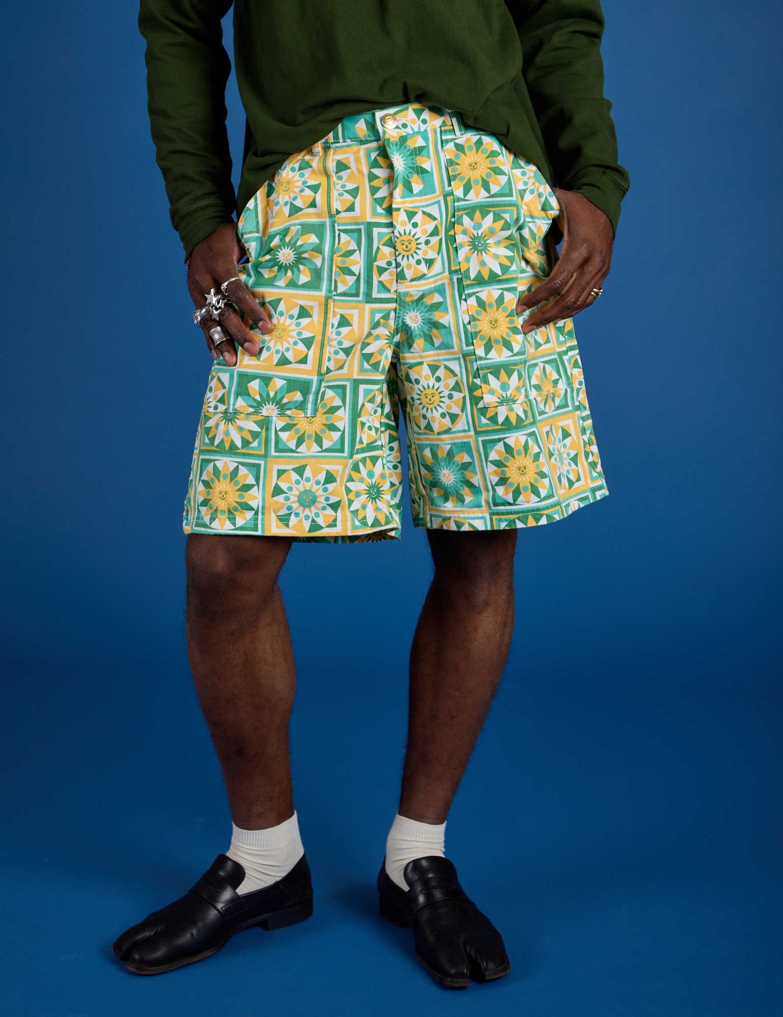 Longline Work Shorts in Spring Quilt Print close up on Jerrod